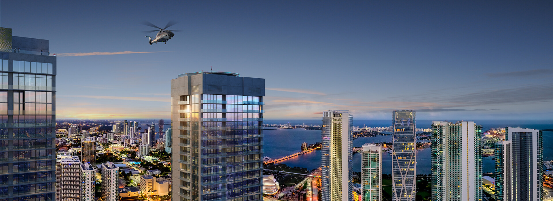 E11even Residences Miami official aerial rendering, 65-story branded tower at 20 Northeast 11th Street in the Park West district of Downtown Miami