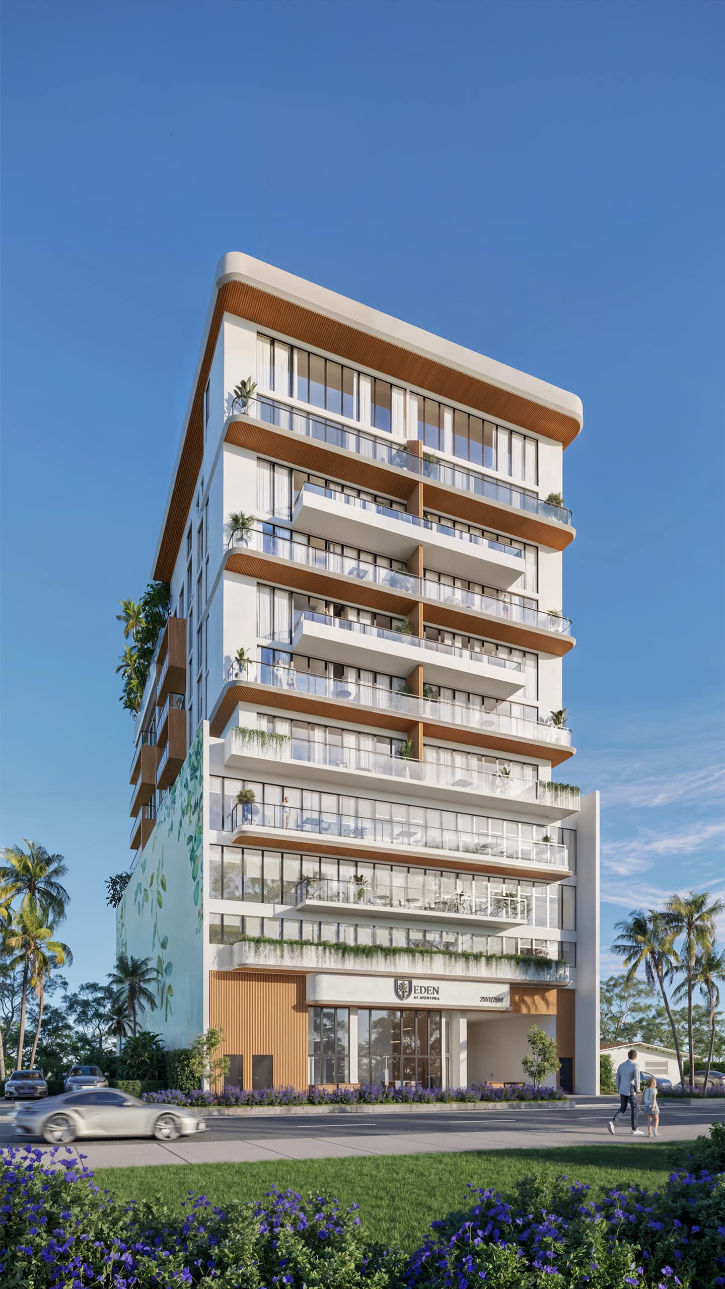 Perspectiva arquitectónica de Eden Residences, entrada del edificio boutique de 10 pisos en 2557 NE 190th Street, Ojus