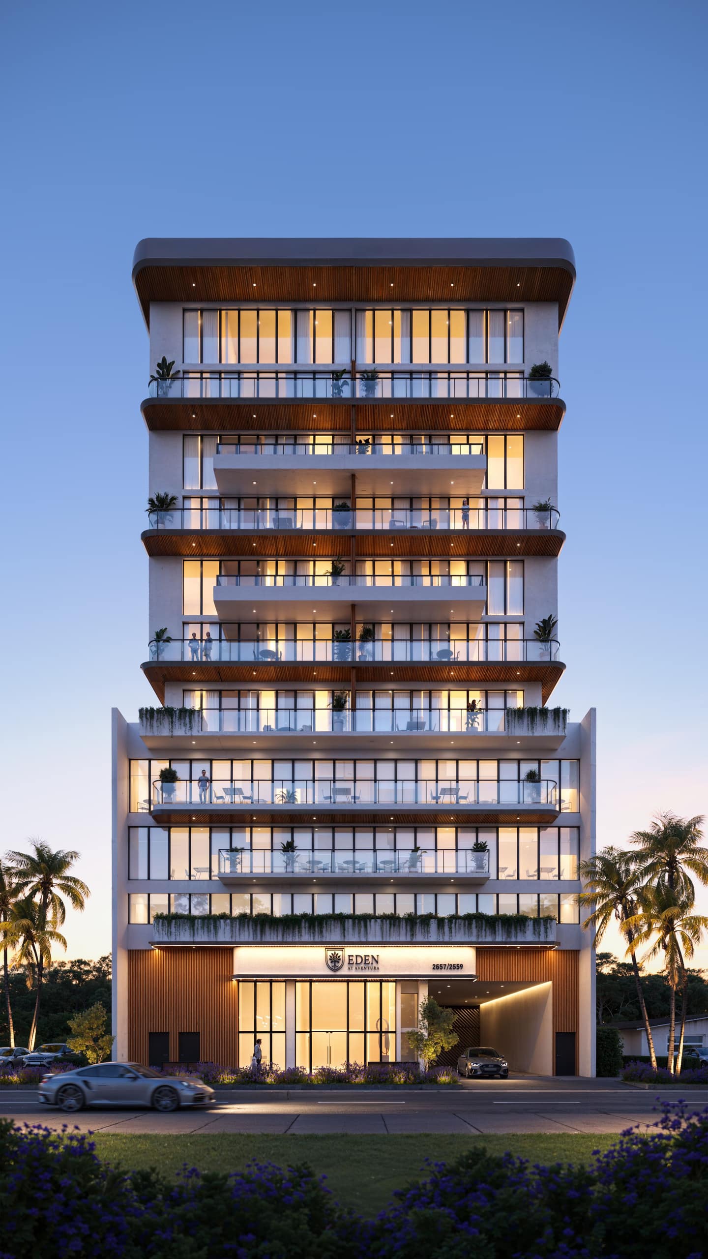 Renderizado oficial de Eden Residences al atardecer, un condominio boutique de 10 pisos en 2557 NE 190th Street, Ojus, Miami-Dade