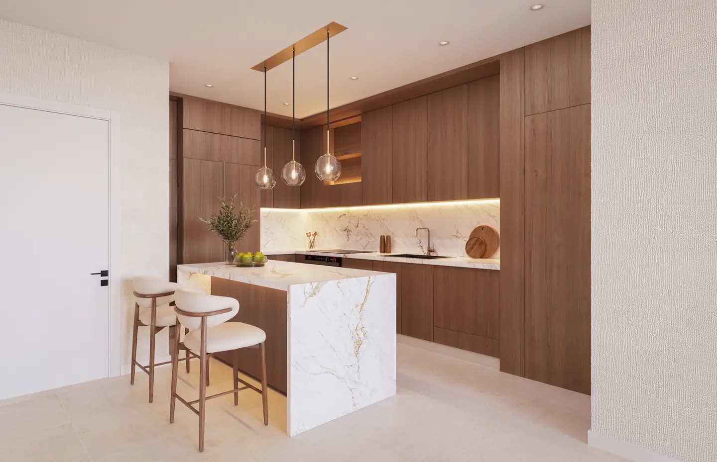 Renderizado de la cocina de Eden Residences con carpintería europea y electrodomésticos integrados