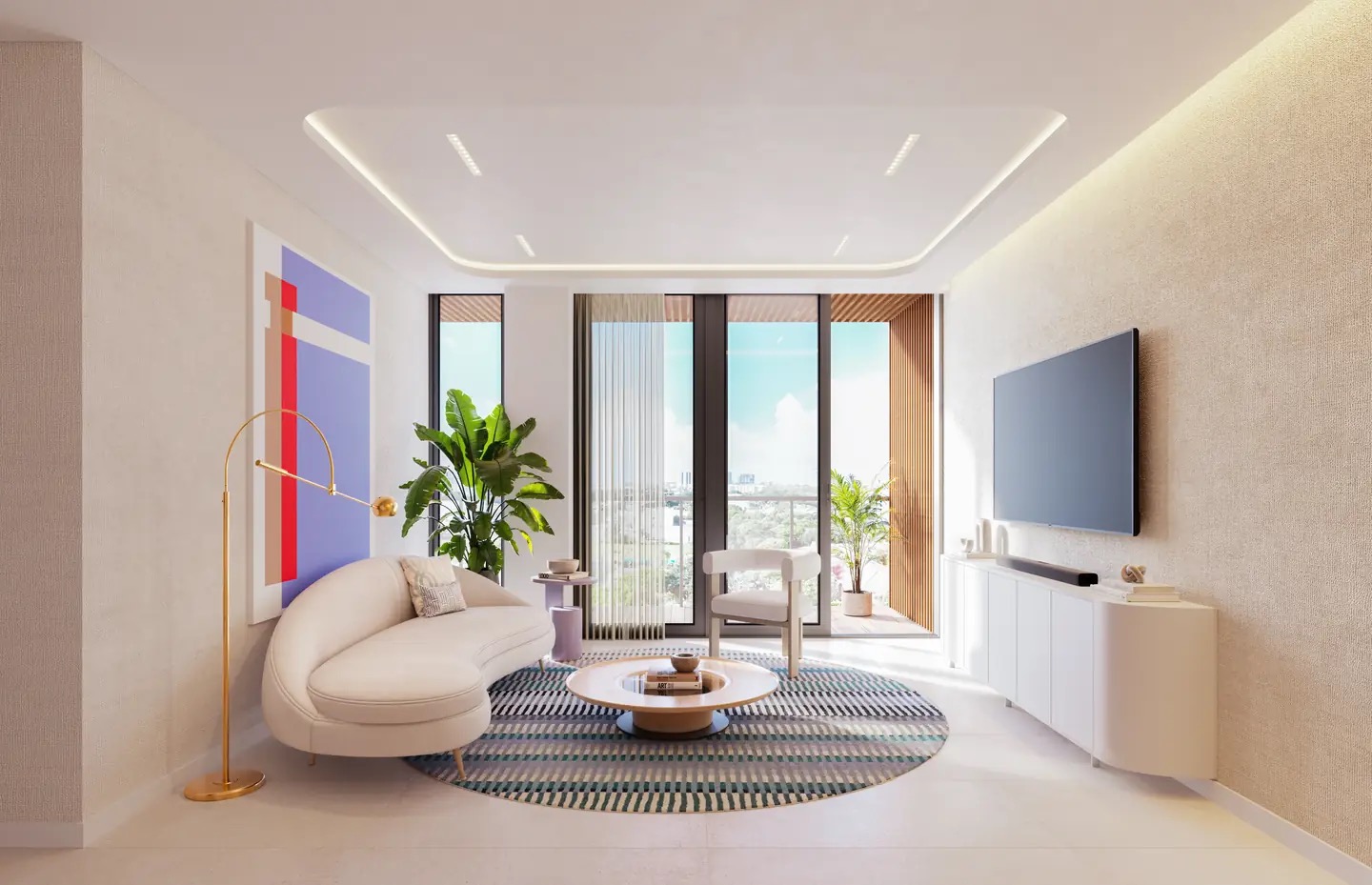 Renderizado de la sala de una residencia de Eden Residences con ventanal de piso a techo y salida a la terraza