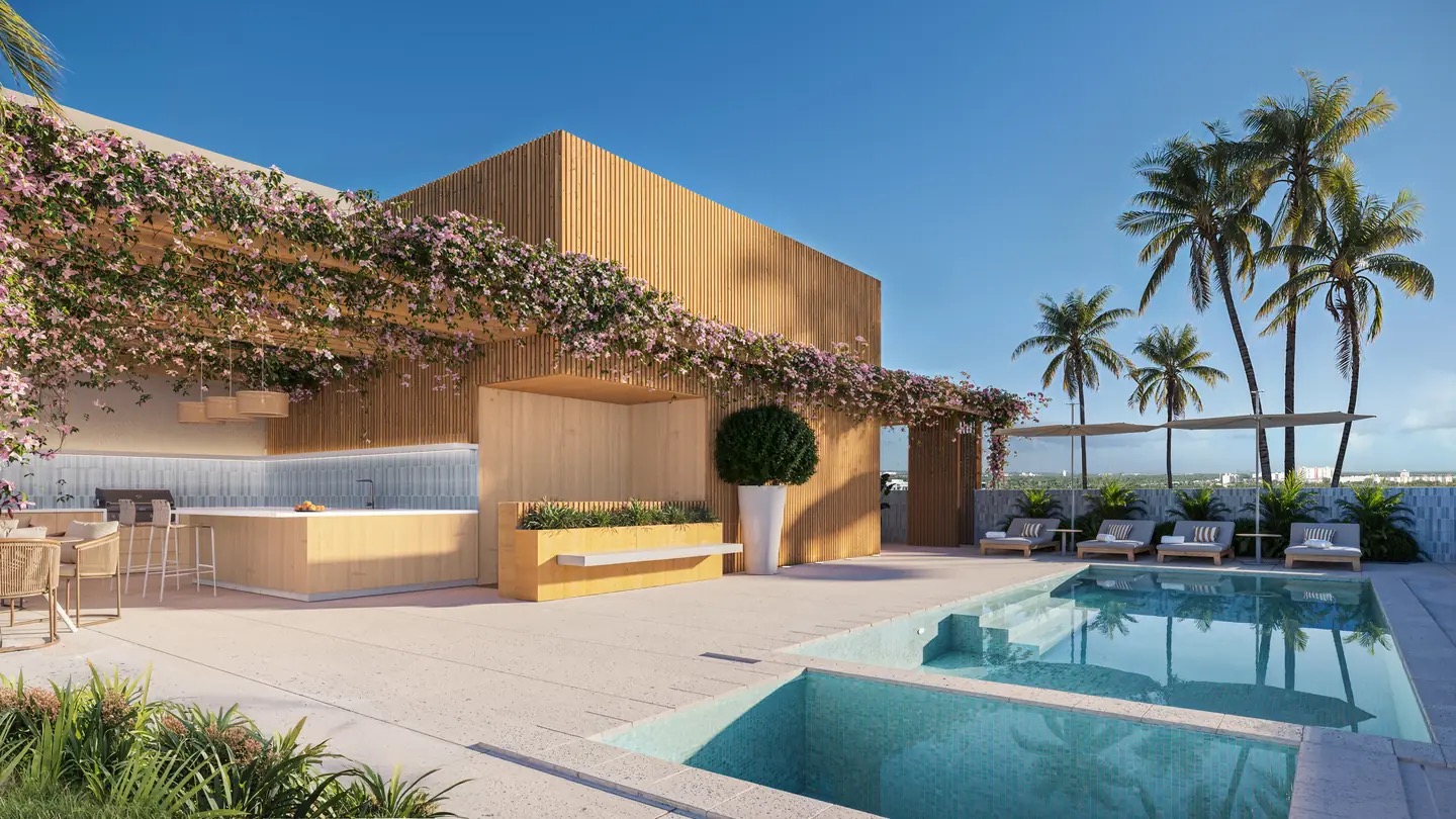 Renderizado del sky deck de Eden Residences con piscina y área de estar al aire libre