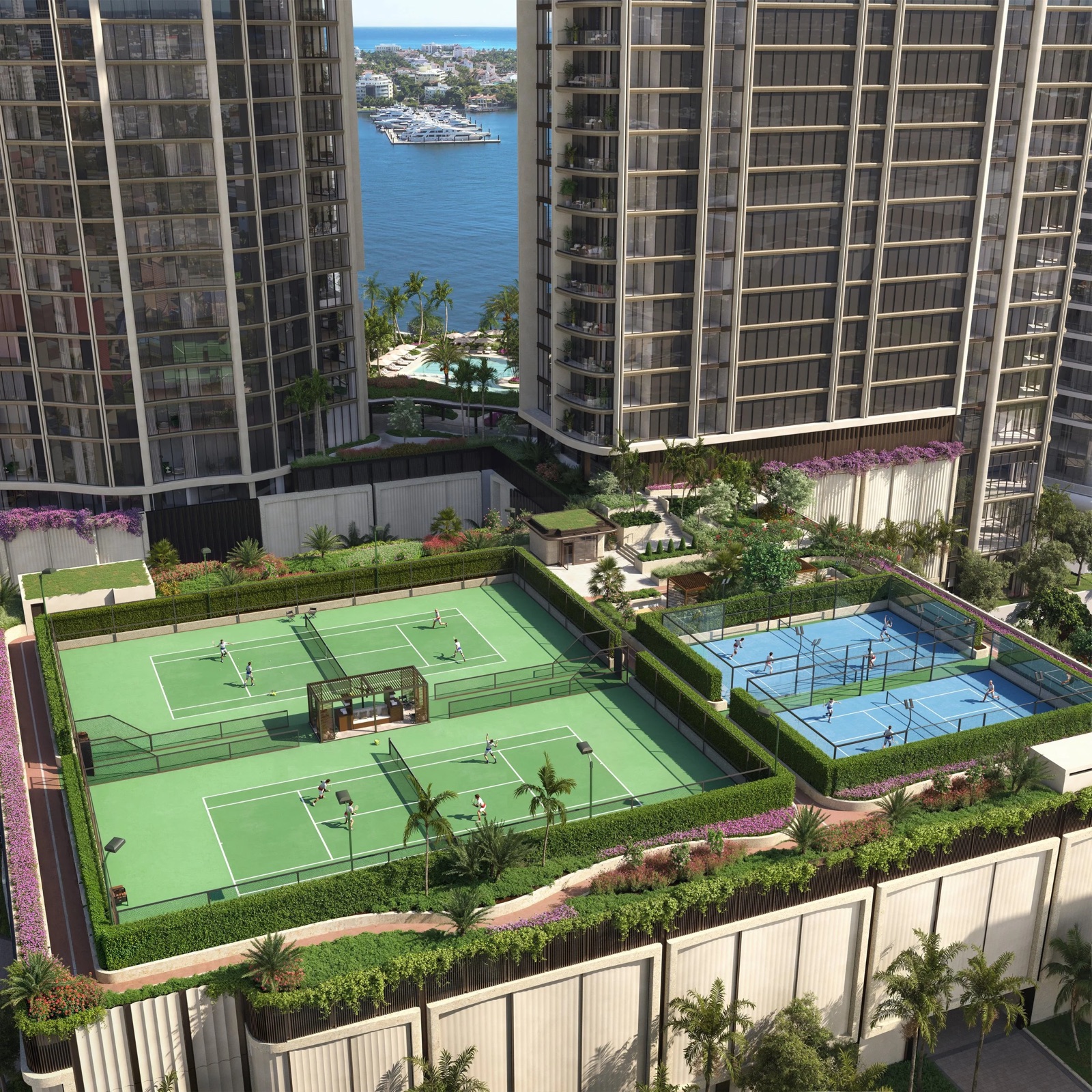 Render del club de raqueta de Edgeworth, parte del programa de amenidades de bienestar operado con Bradford Wellness