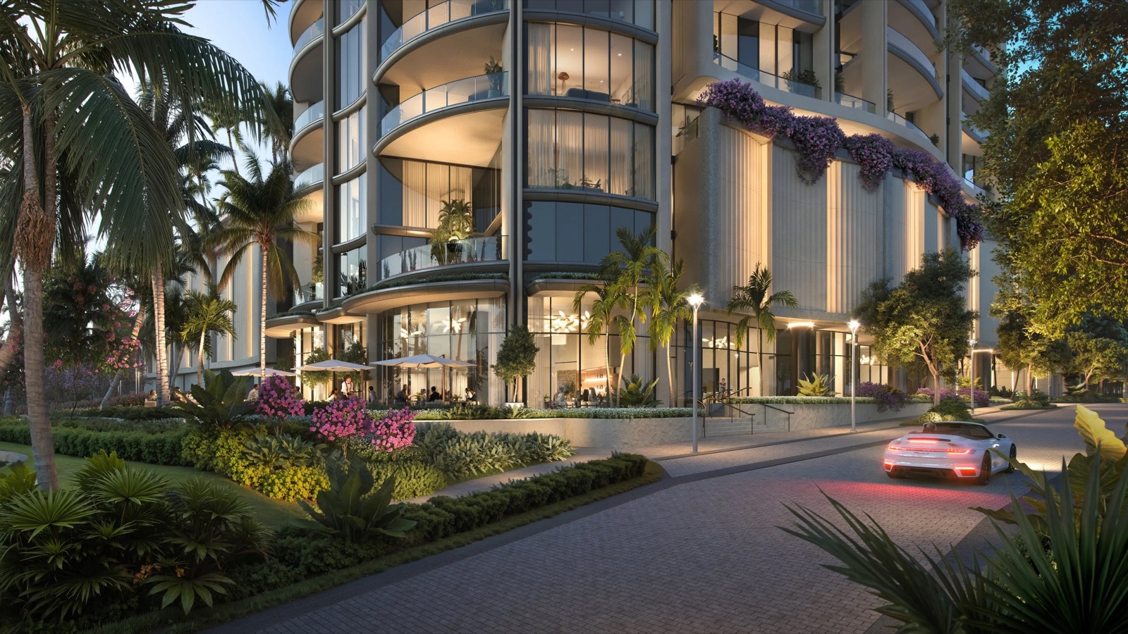 Render del porte-cochere de llegada de Edgeworth con acceso paisajista en 1155 South Flagler Drive
