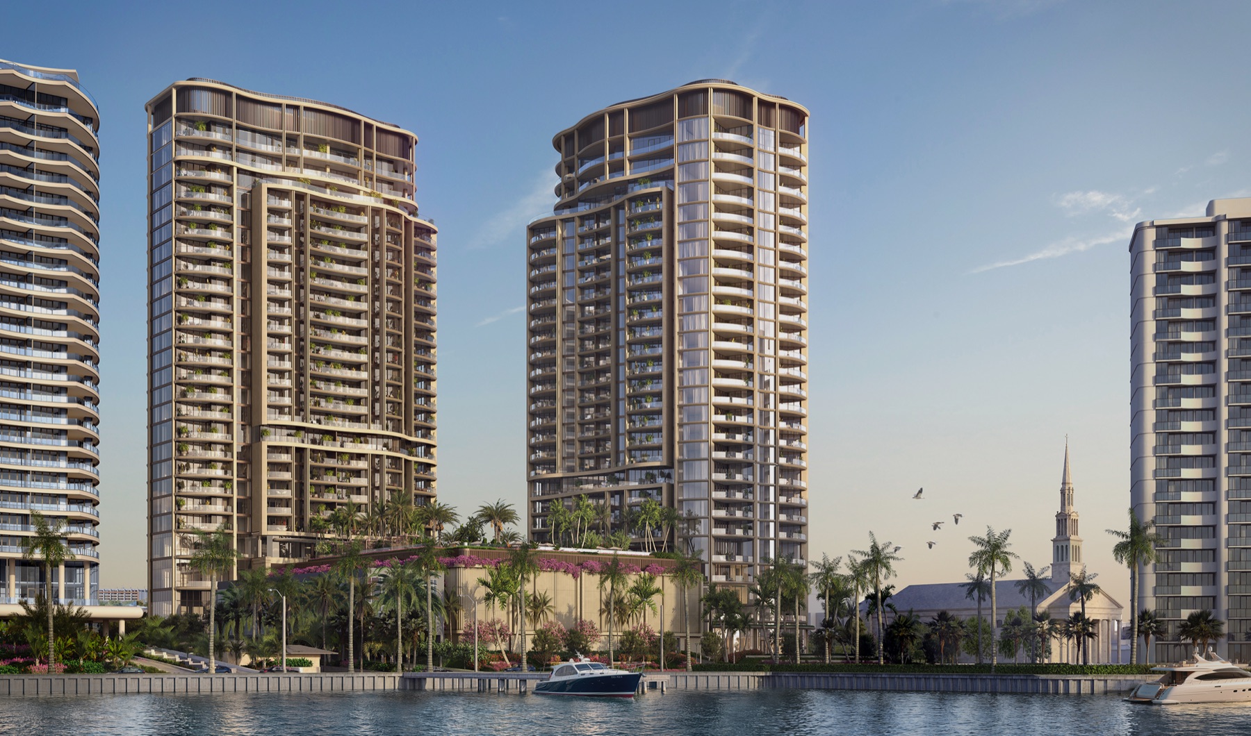 Render oficial de Edgeworth West Palm Beach, dos torres curvas de 28 pisos en 1155 South Flagler Drive vistas desde el Intracoastal