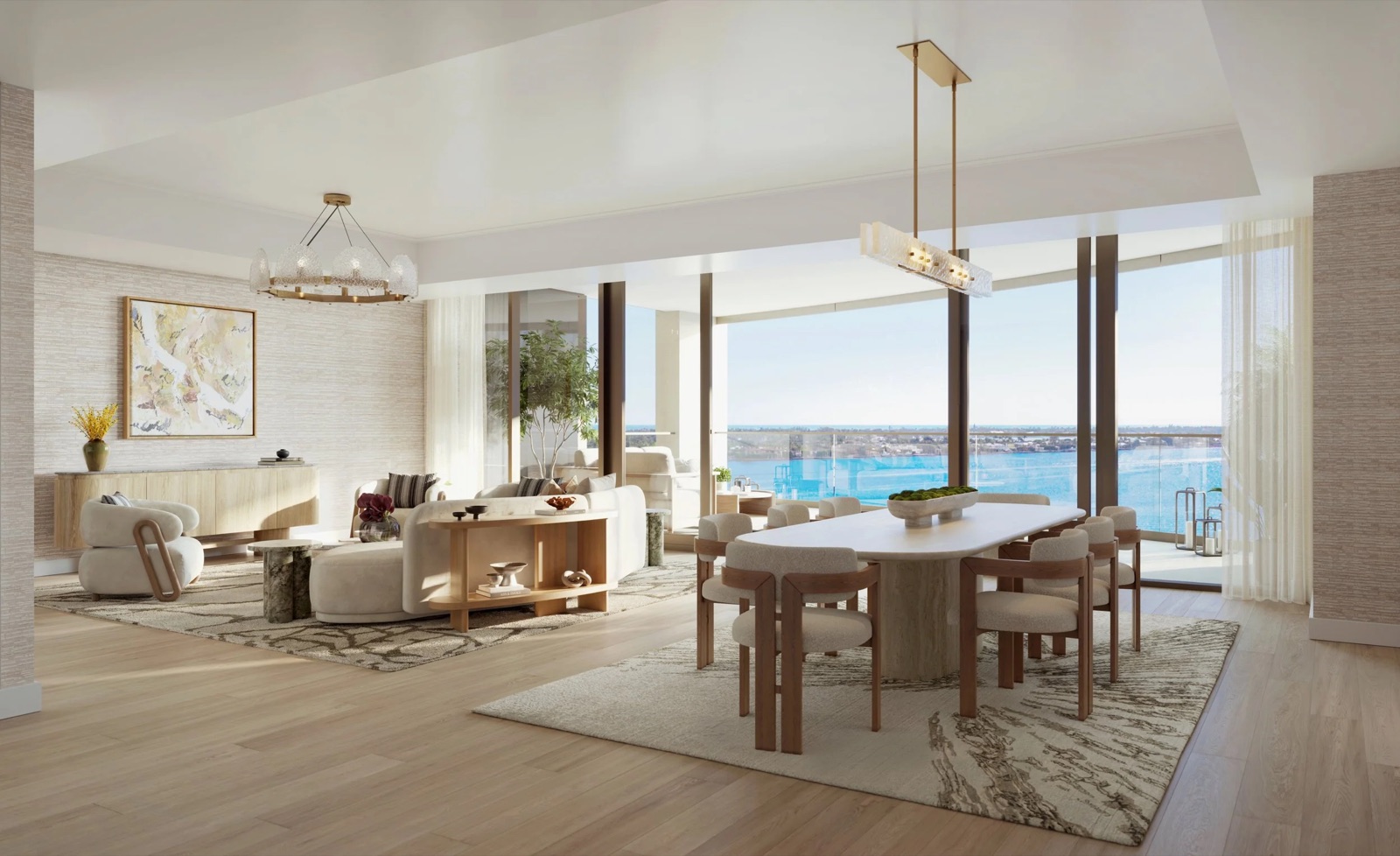 Render del gran sal&oacute;n de una residencia de Edgeworth con vidrio de piso a techo y salida a terraza, interiores de March and White Design