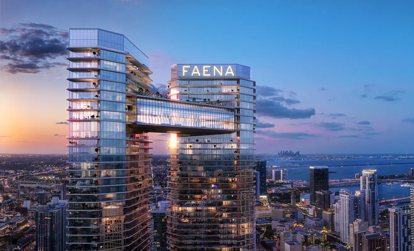 Faena Residences Miami, renderizado de torres gemelas con Sky Bridge