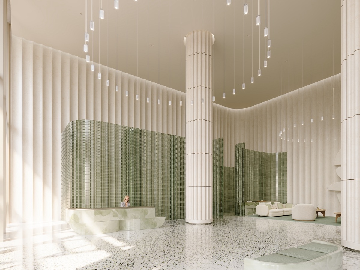 Render del lobby de Miami Design Residences by Fouquet's con columnas de travertino y bloque de vidrio por RDAI