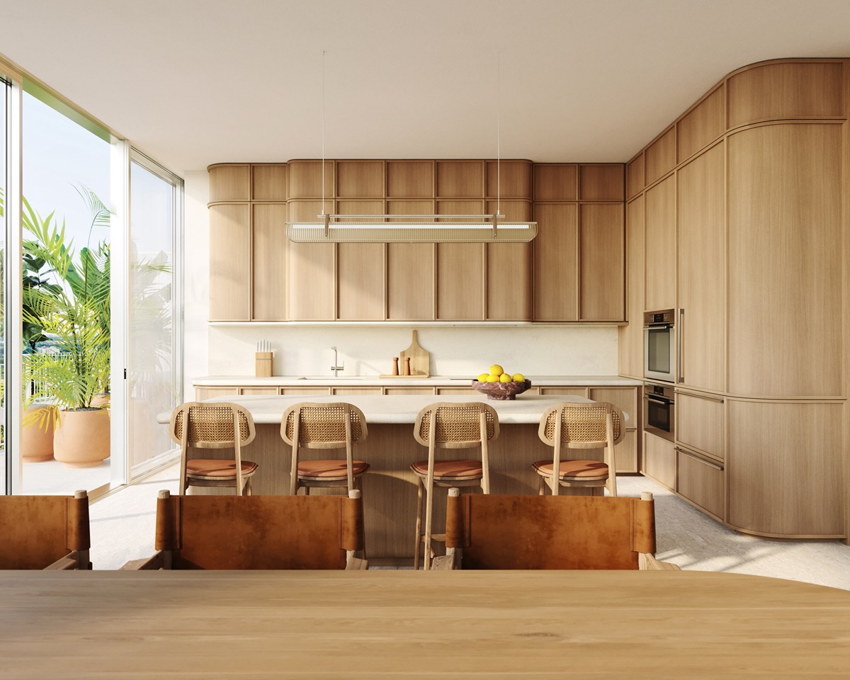 Render de cocina de Miami Design Residences by Fouquet's con ebanistería de roble a medida y electrodomésticos Sub-Zero y Wolf