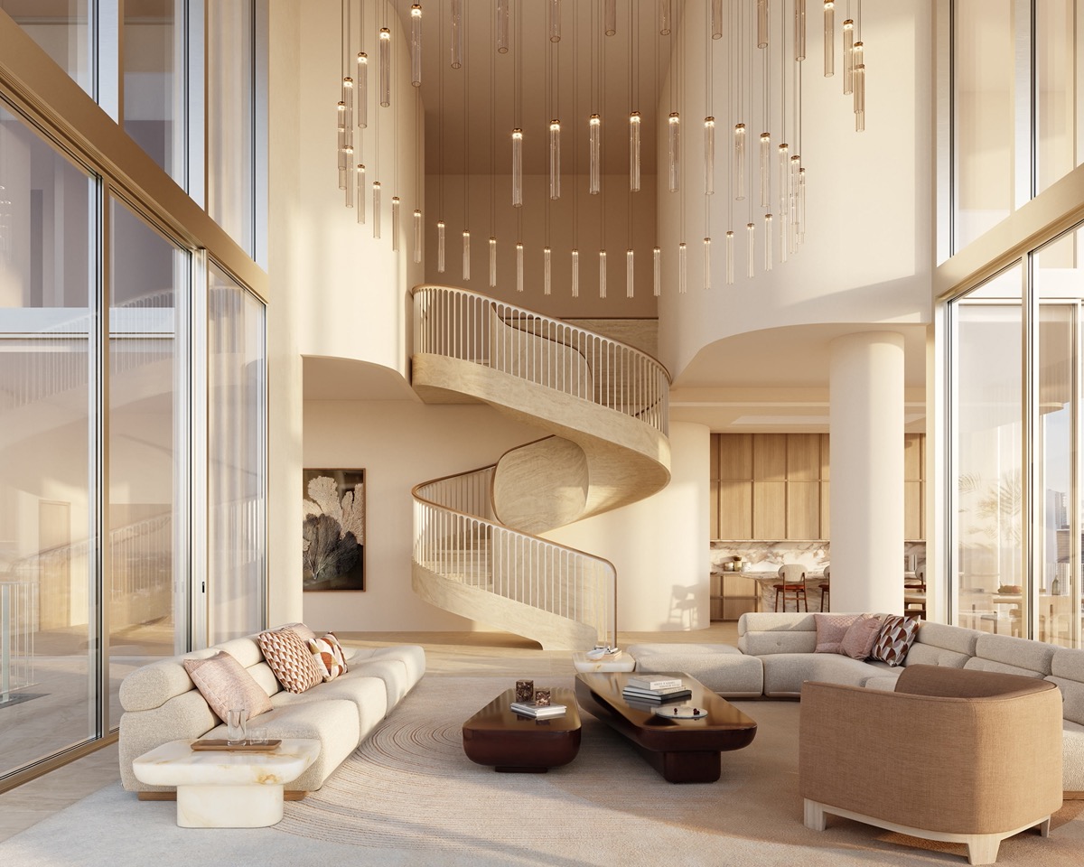 Render de sala de estar dúplex de Miami Design Residences by Fouquet's con escalera de caracol