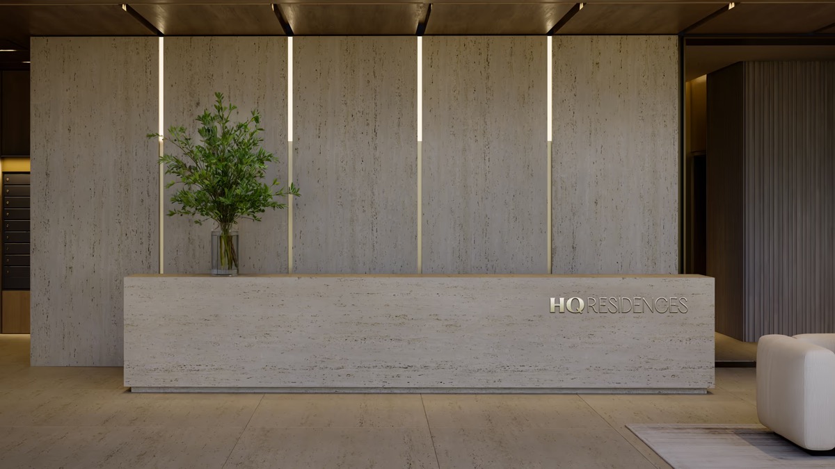 HQ Residences Miami residence interior rendering with Italian cabinetry and natural stone, Edgewater