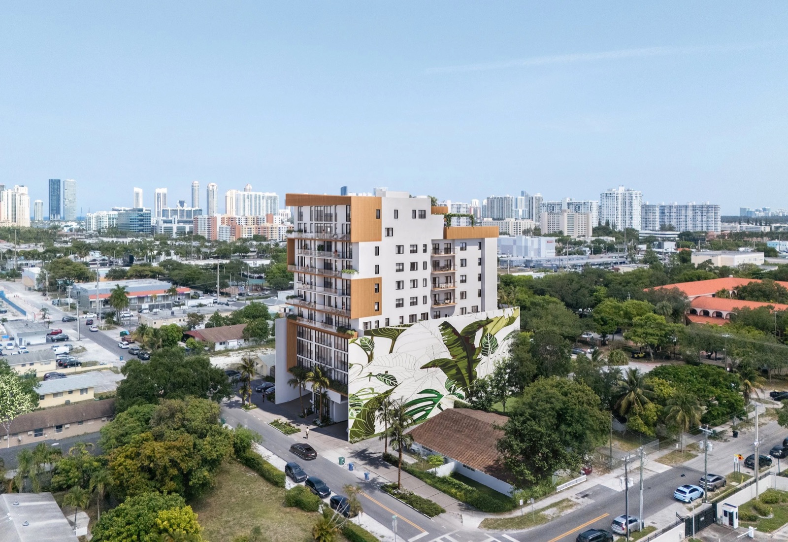 Render do edifício boutique de 10 andares LEV at Aventura em 2520 NE 191st Street com o horizonte de Sunny Isles ao fundo