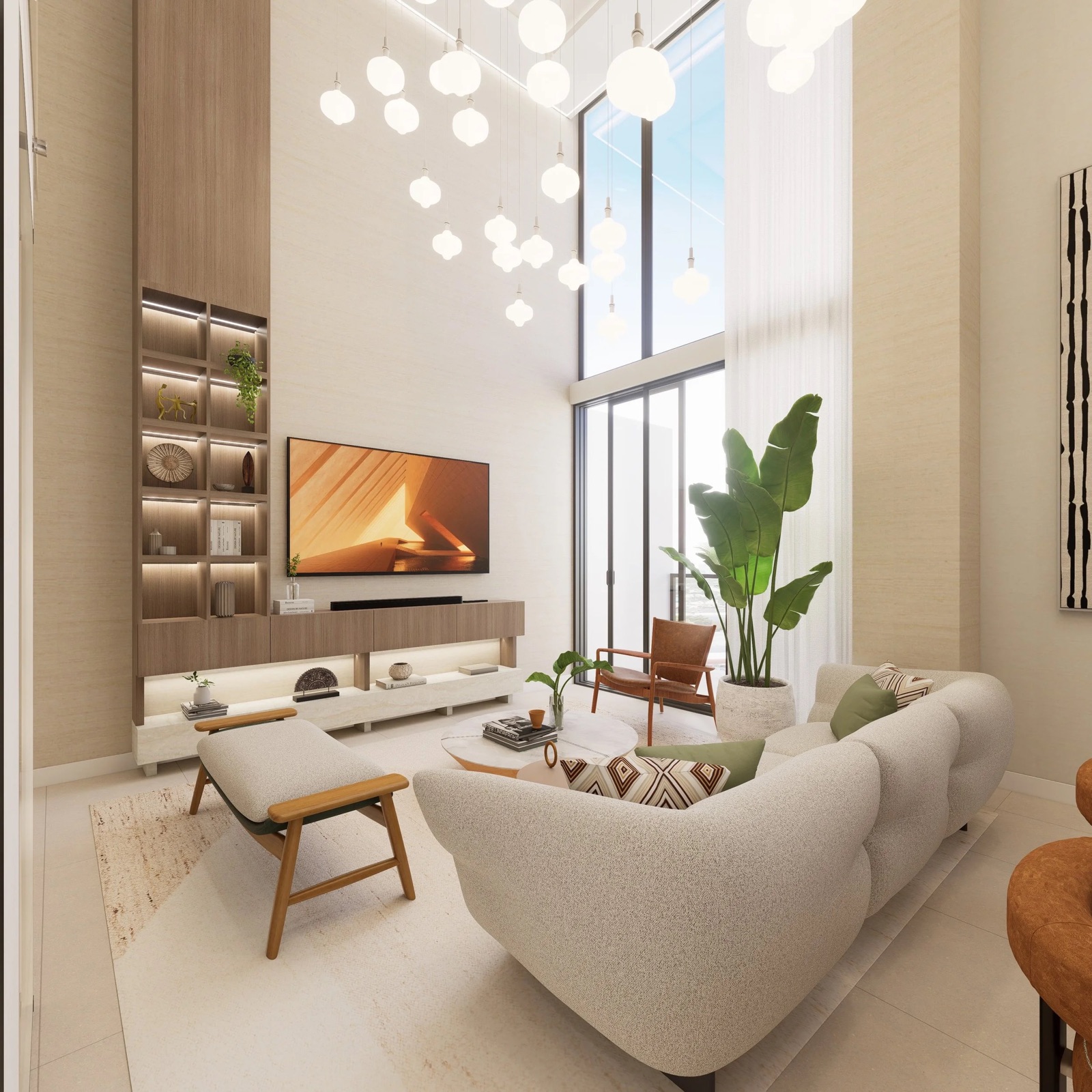 Render da sala de uma residência do LEV at Aventura com vidro de pé-direito duplo e acesso ao terraço