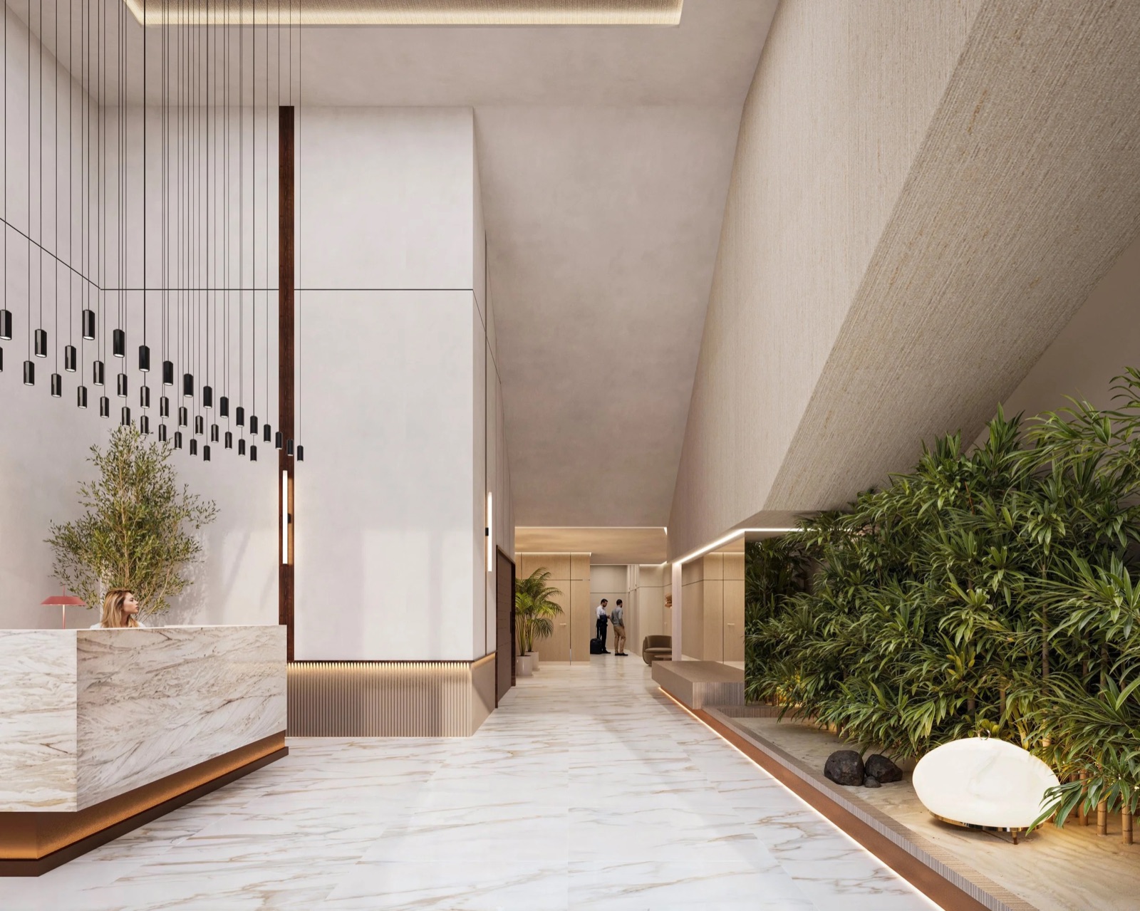 Render do lobby de pé-direito duplo do LEV at Aventura com recepção de mármore e parede verde viva