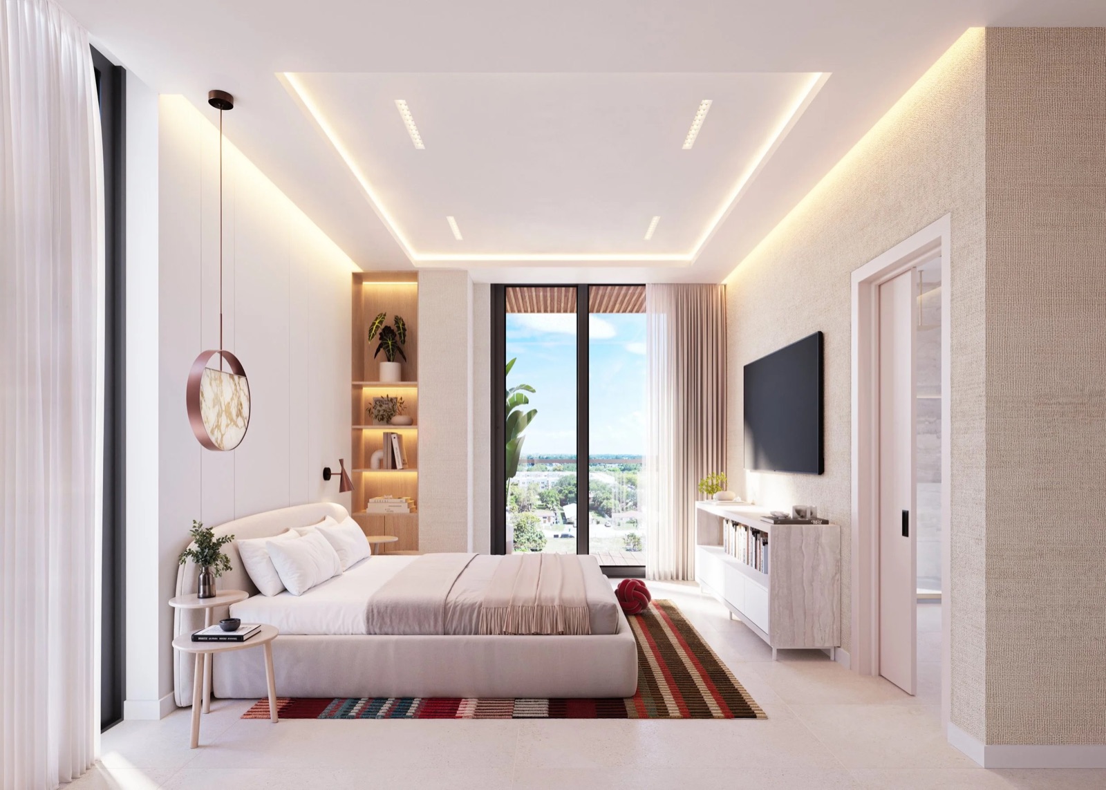 Render do quarto principal do LEV at Aventura com janela do piso ao teto voltada para a área de Aventura