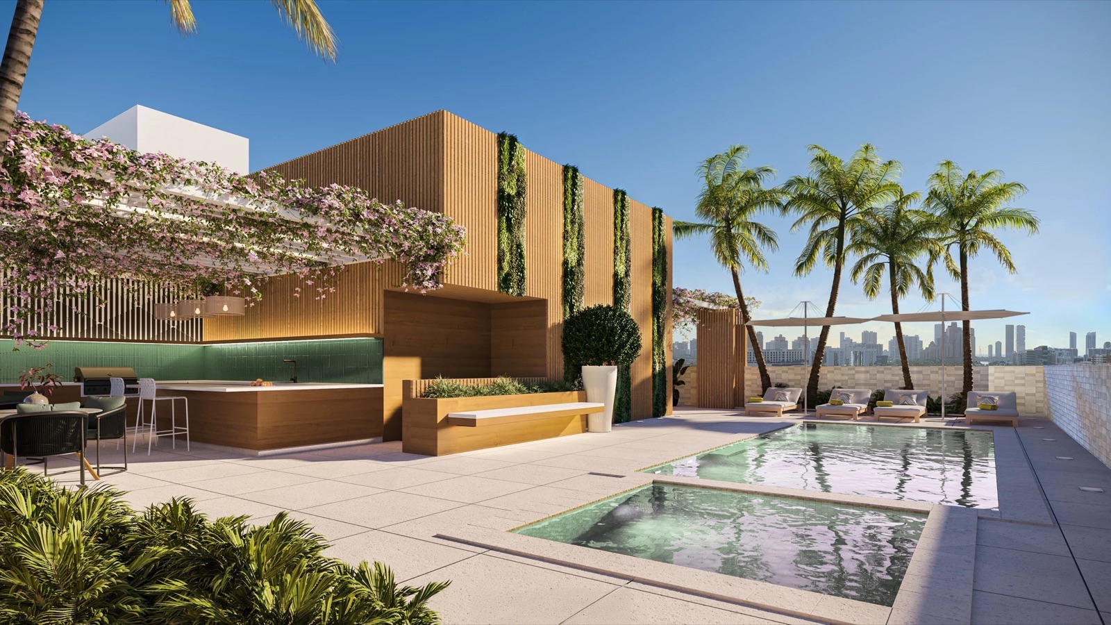 Render da piscina na cobertura do LEV at Aventura com cabanas, cozinha externa e palmeiras