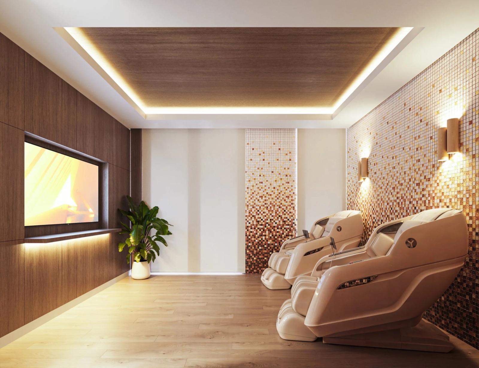 Render da sala de spa e bem-estar do LEV at Aventura com poltronas de massagem
