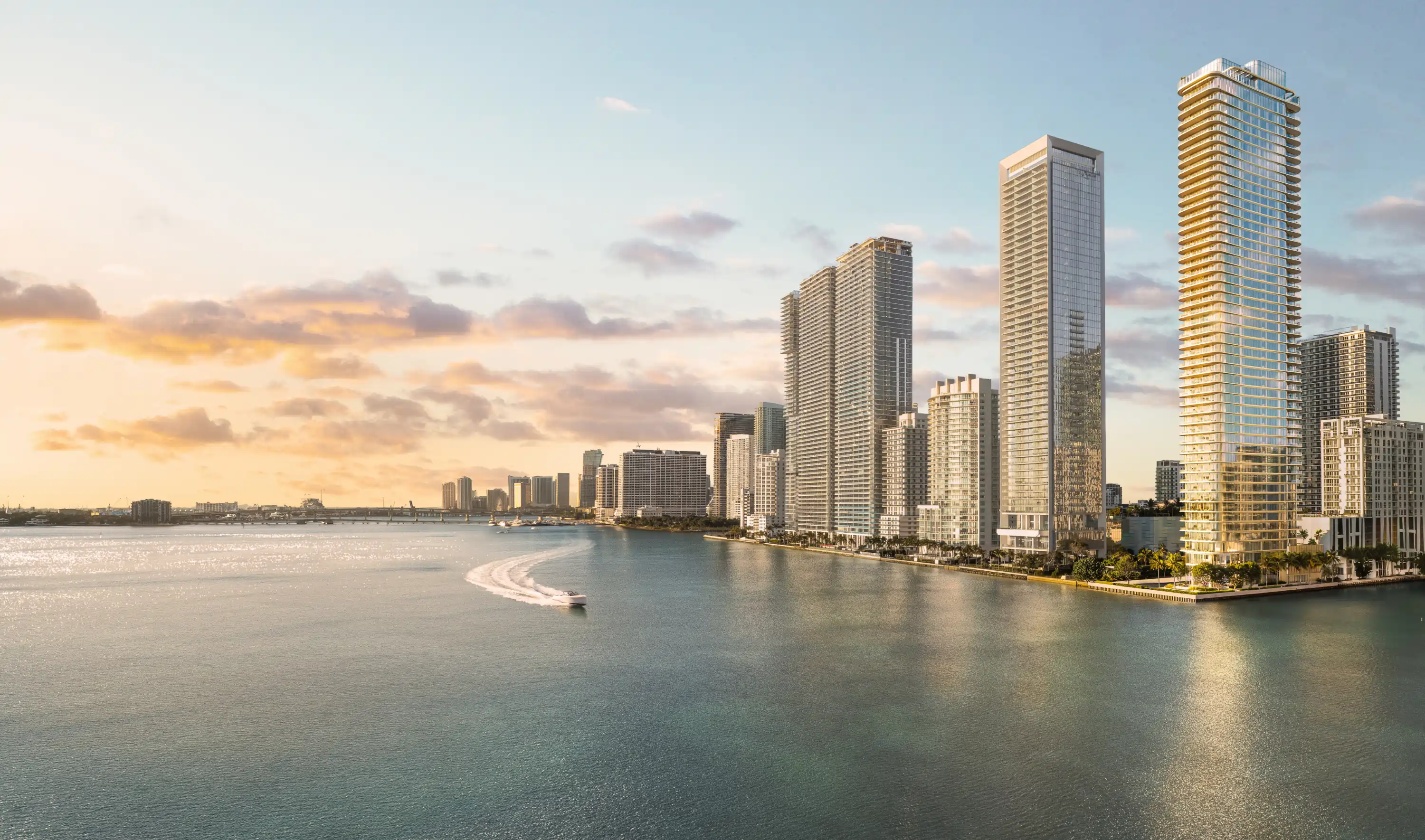 Aerial rendering of LILLI Edgewater Miami on Biscayne Bay with the waterfront skyline