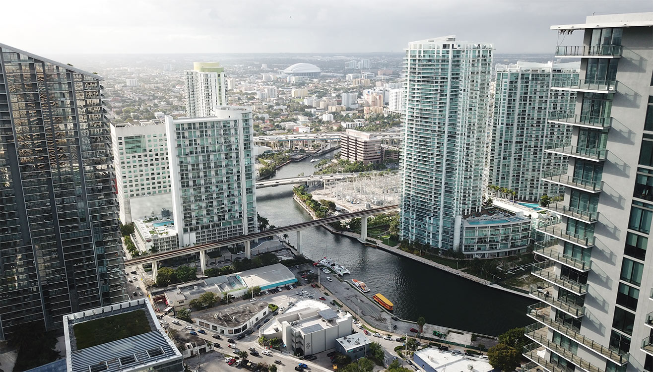 Lofty Brickell city and bay views from upper-floor residences