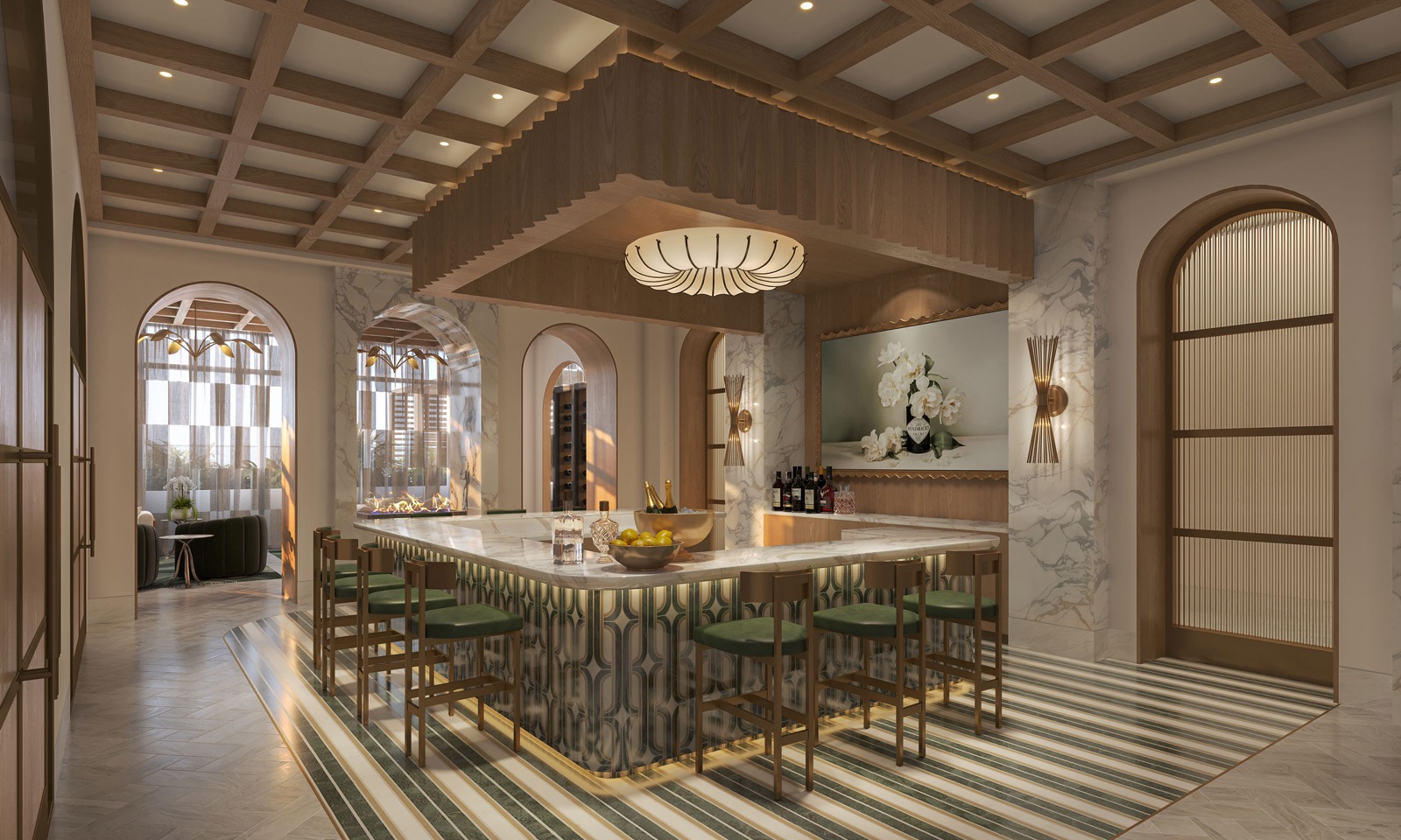 Render do club room dos moradores no nível do lobby do Maison d'Or com bar e lareira