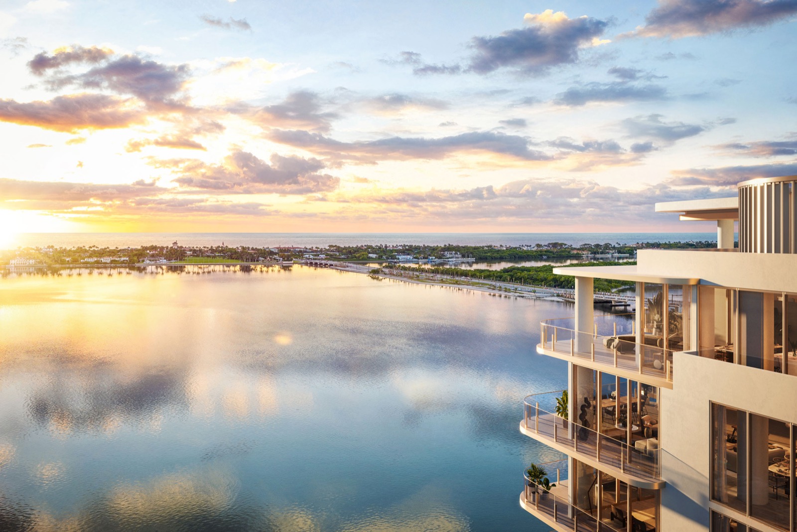 Render do Maison d'Or West Palm Beach, terraços curvos à beira-mar sobre o Intracoastal com Palm Beach Island ao entardecer