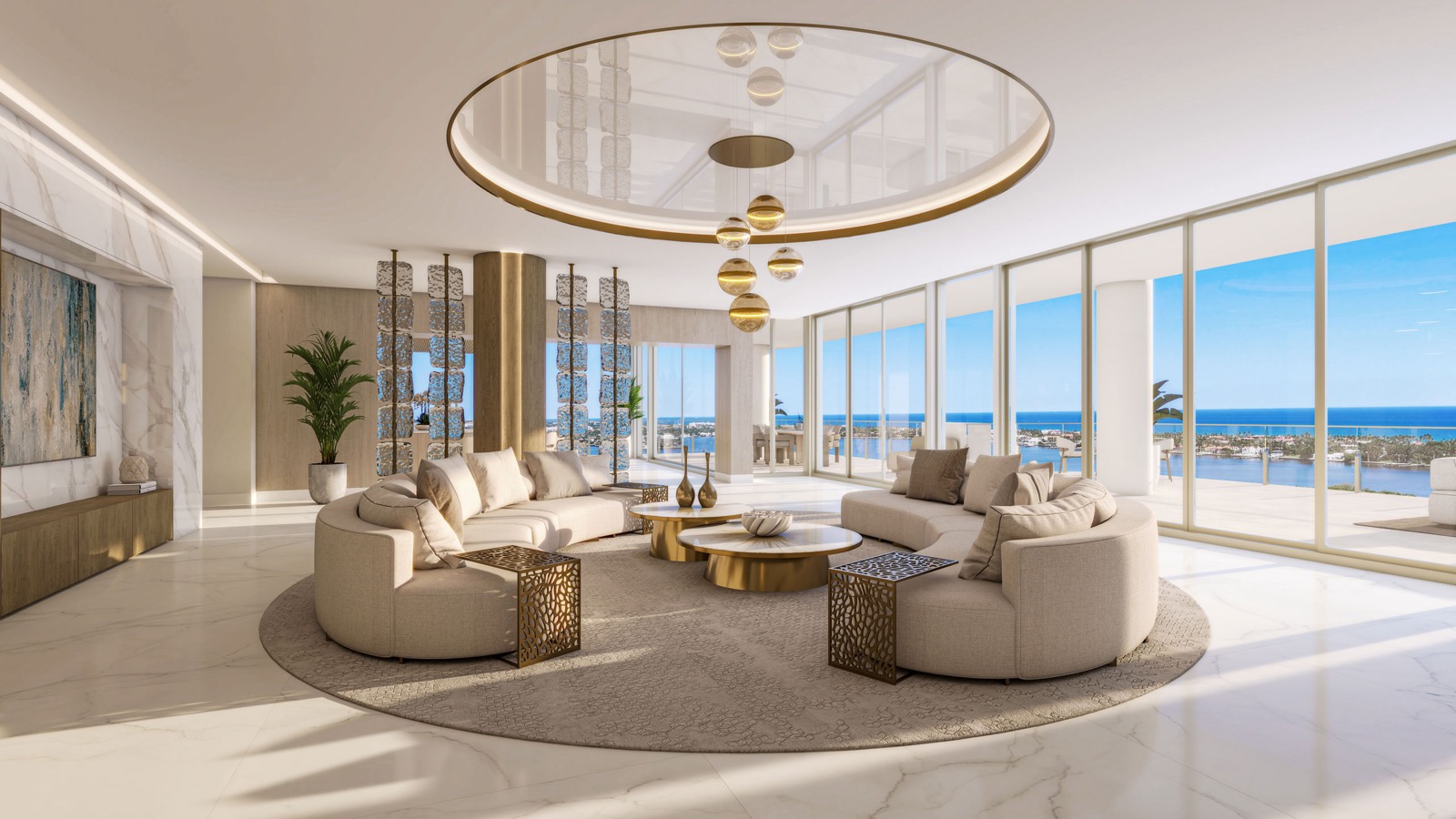 Render do living da cobertura de andar inteiro do nível 19 do Maison d'Or com pé-direito de 11 pés e vidro do piso ao teto