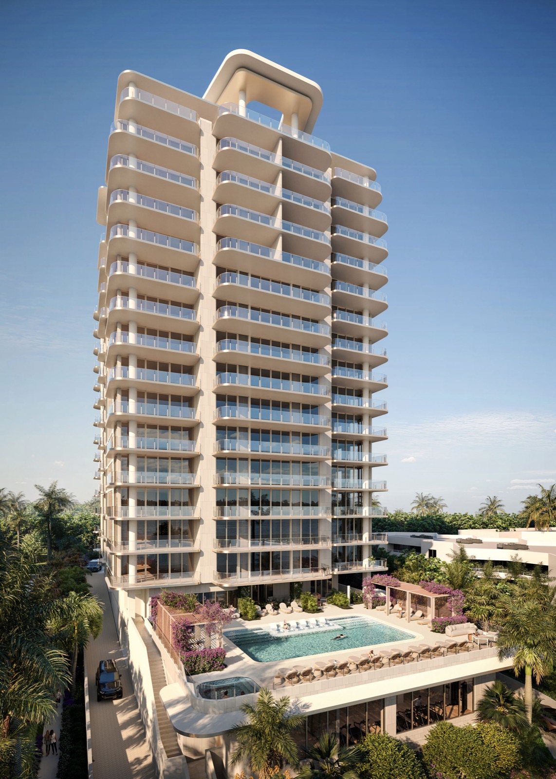 Render da praça à beira-mar estilo resort do Maison d'Or com piscina, spa e frente para o Intracoastal