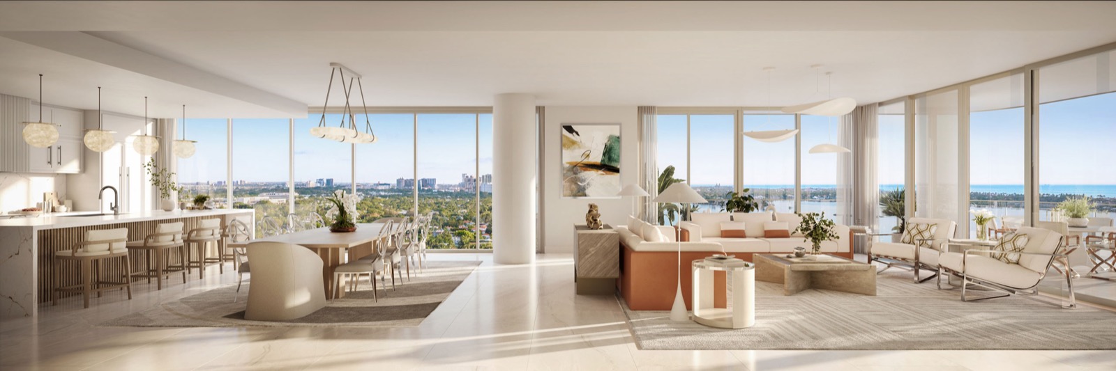 Render do living da Residence A no Maison d'Or com vidro do piso ao teto e saída para o terraço