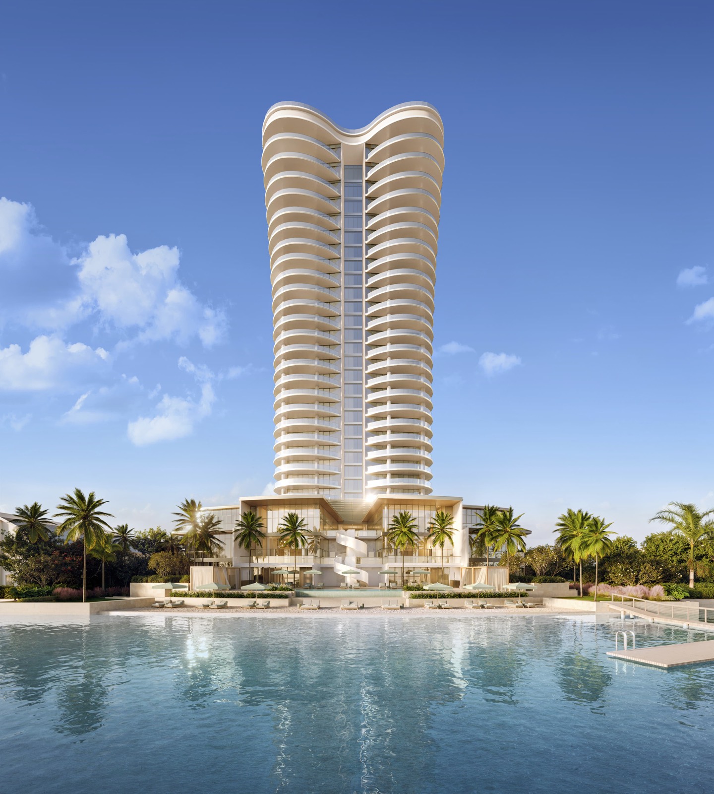 Renderização oficial de Mandarin Oriental Residences West Palm Beach, torre de 31 andares da Safdie Architects na 5400 North Flagler Drive sobre o Intracoastal Waterway