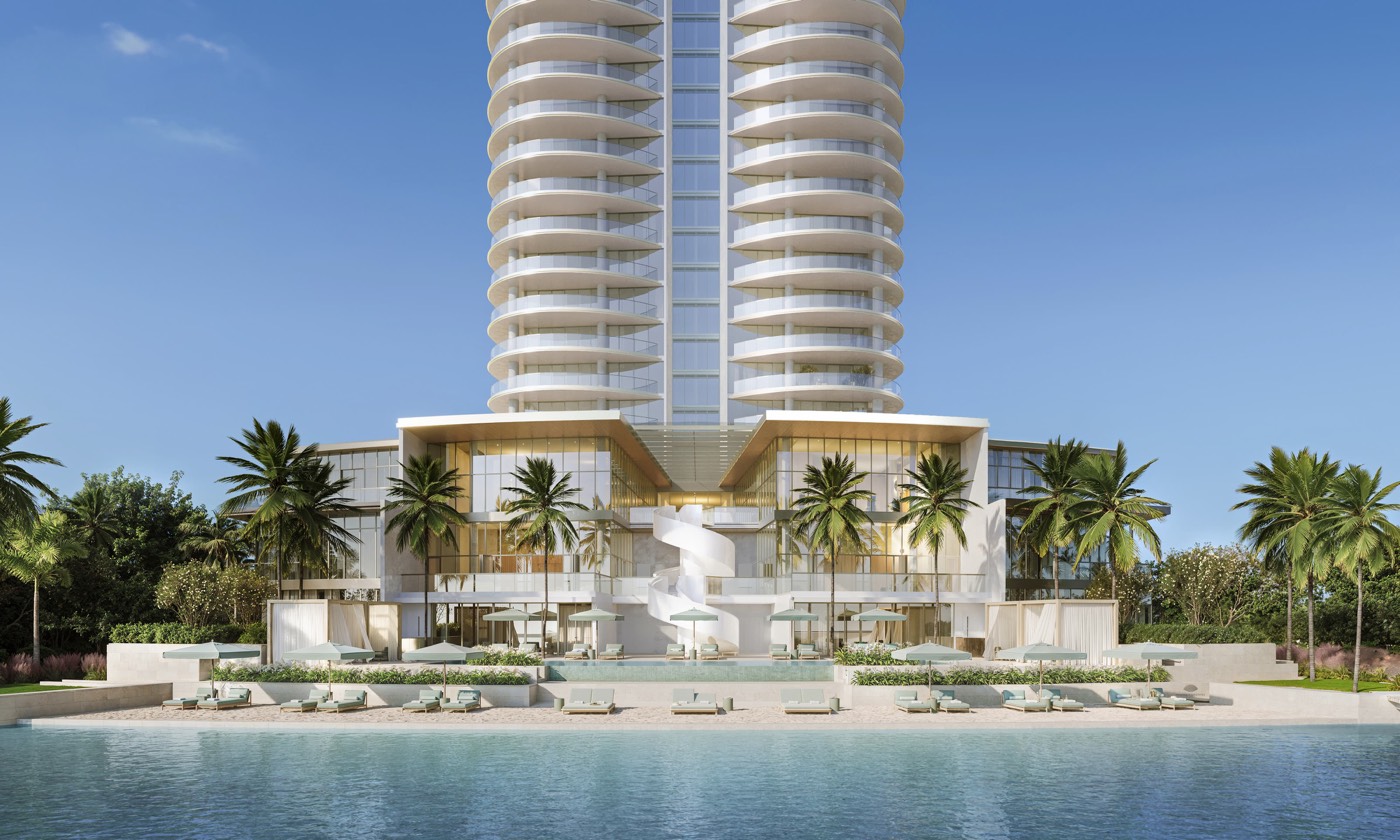 Renderizacao do podio de Mandarin Oriental Residences West Palm Beach, base da torre de Safdie Architects em 5400 North Flagler Drive
