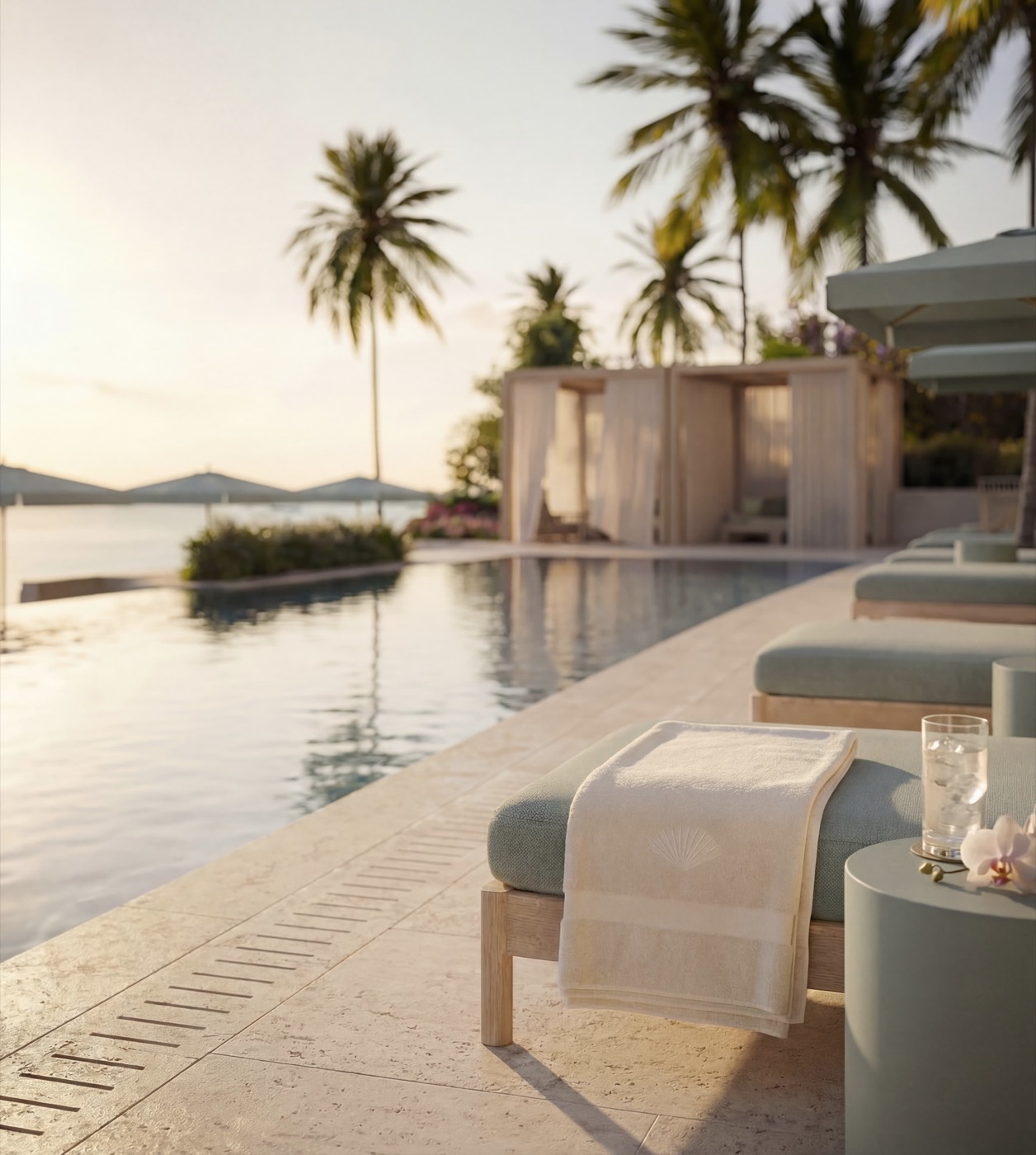 Renderizacao da piscina e do bar no nivel da rua em Mandarin Oriental Residences West Palm Beach com o garden lounge