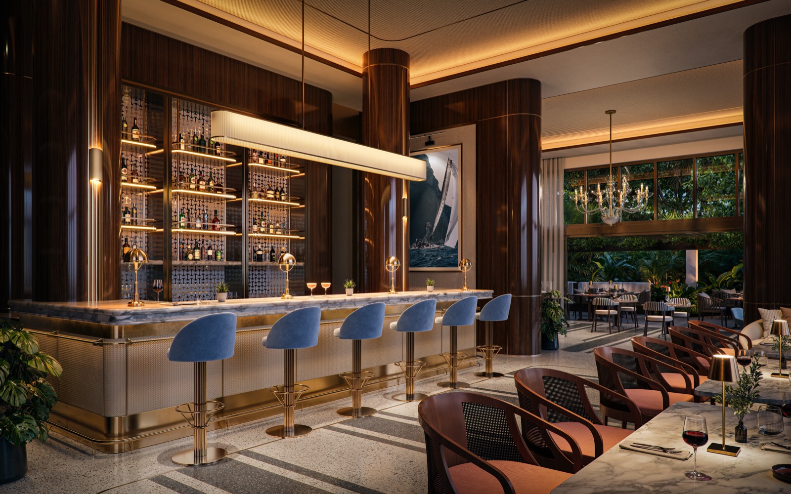 Renderizado del bar del Bellini Restaurant con banquetas de terciopelo azul en Mr. C Residences Boca Raton