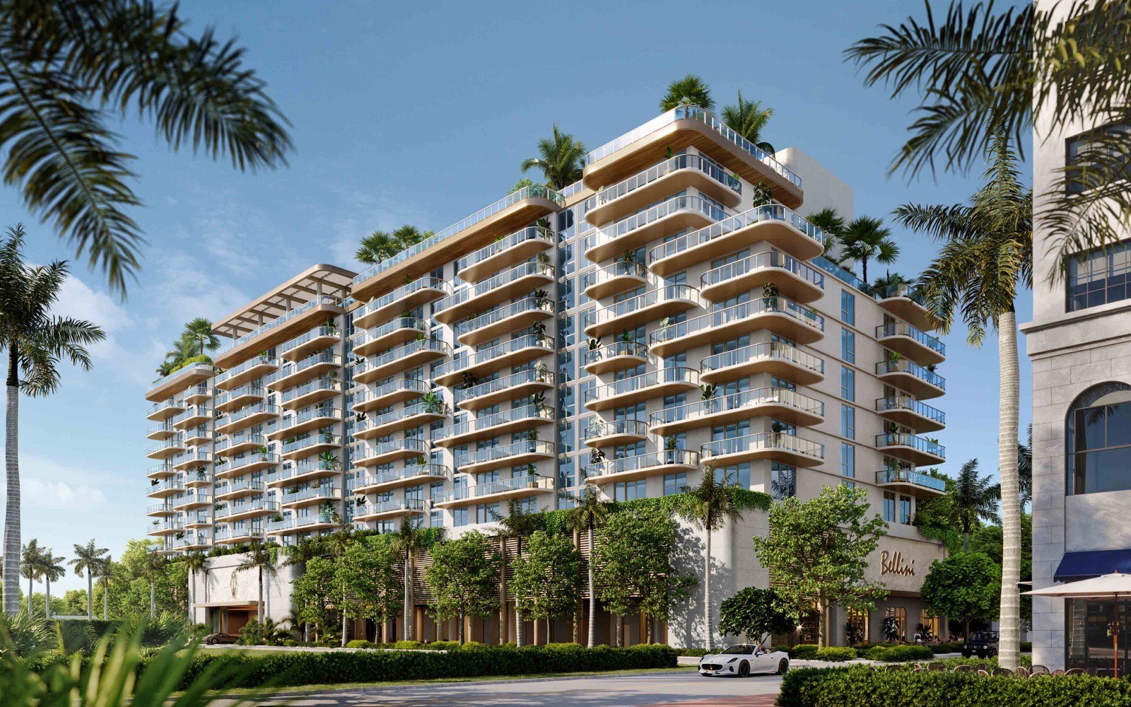 Renderizado de la fachada de Mr. C Residences Boca Raton, torre de 12 pisos con balcones de vidrio en 41 SE 4th Street