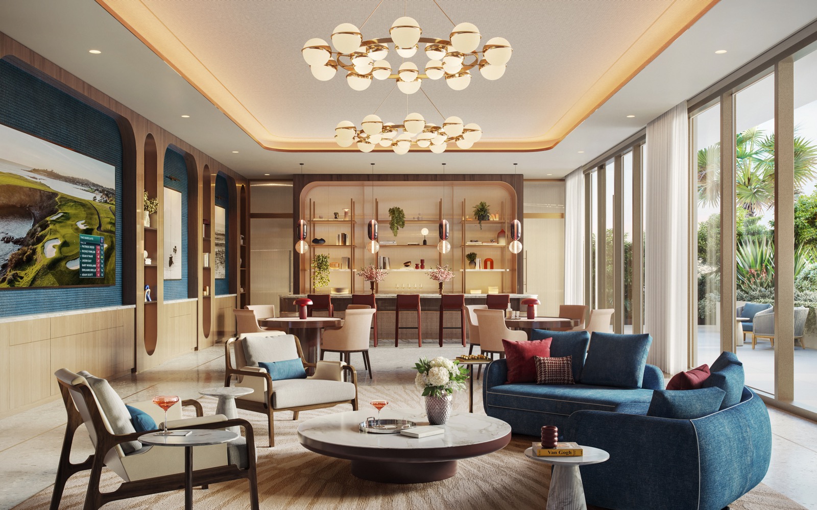 Renderizado del salón de residentes de Mr. C Residences Boca Raton con sofás y ventanales de piso a techo