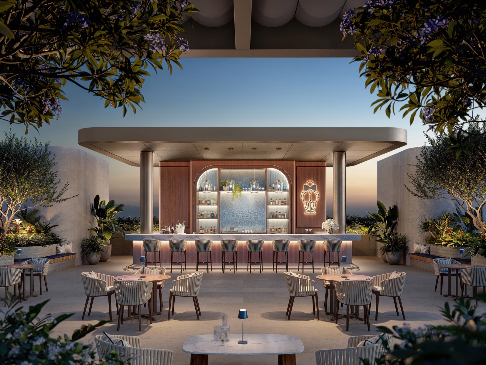 Renderizado del bar en la azotea Mr. C Bar and Lounge con barra circular y asientos al aire libre en Boca Raton