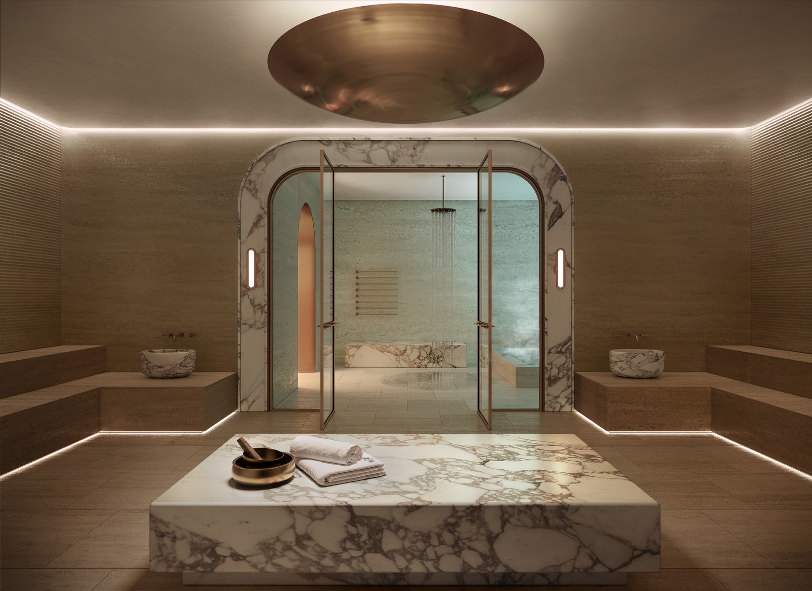 Renderizado del spa y hammam de mármol de Mr. C Residences Boca Raton con bancos de piedra