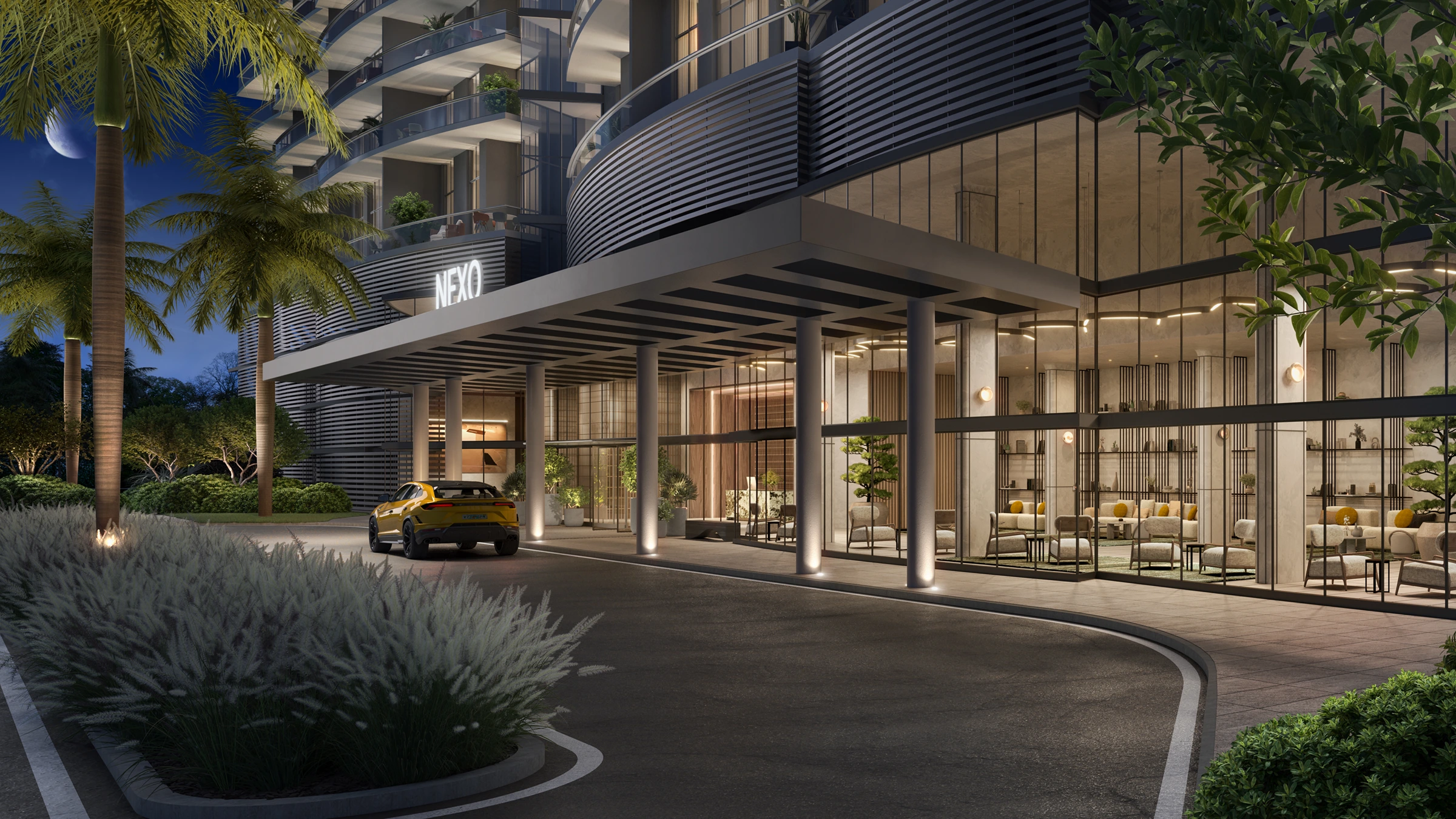 Nexo Residences porte cochere arrival rendering with landscaped drop-off