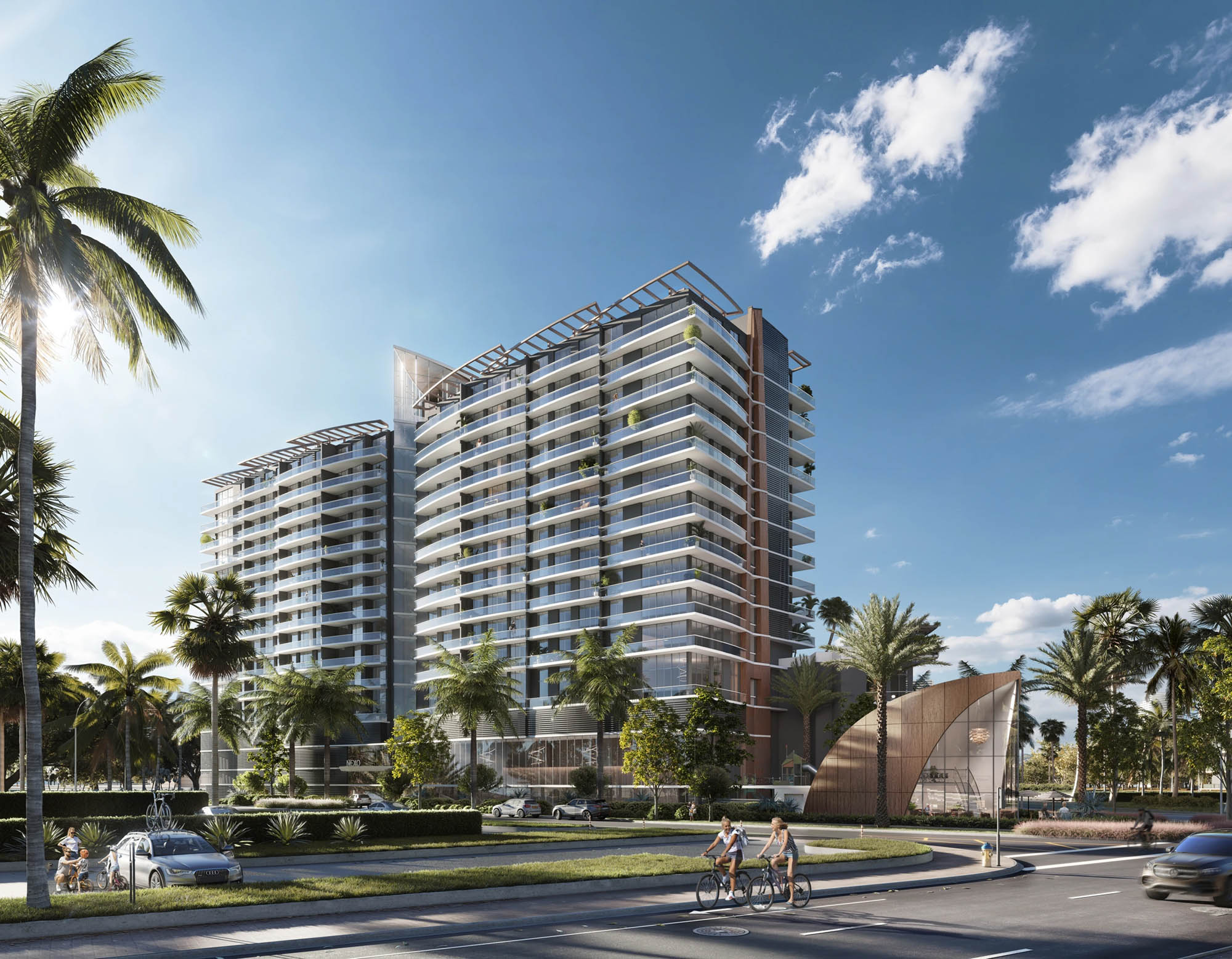Nexo Residences official exterior rendering, 15-story condominium at 13899 Biscayne Boulevard in North Miami Beach