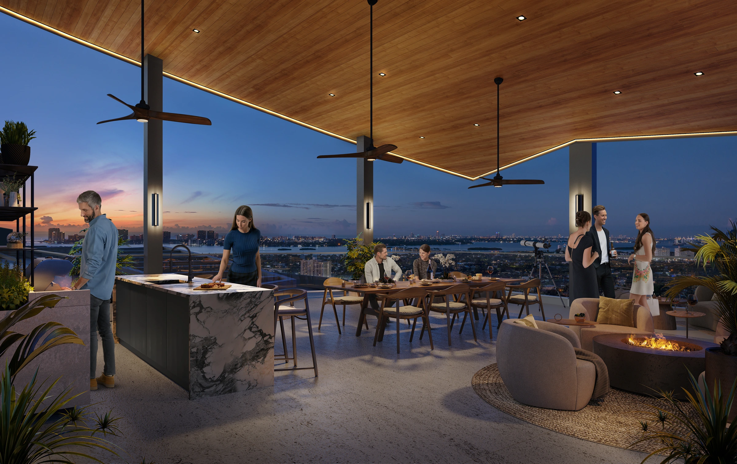 Nexo Residences rooftop observatory deck rendering with lounge seating and panoramic views