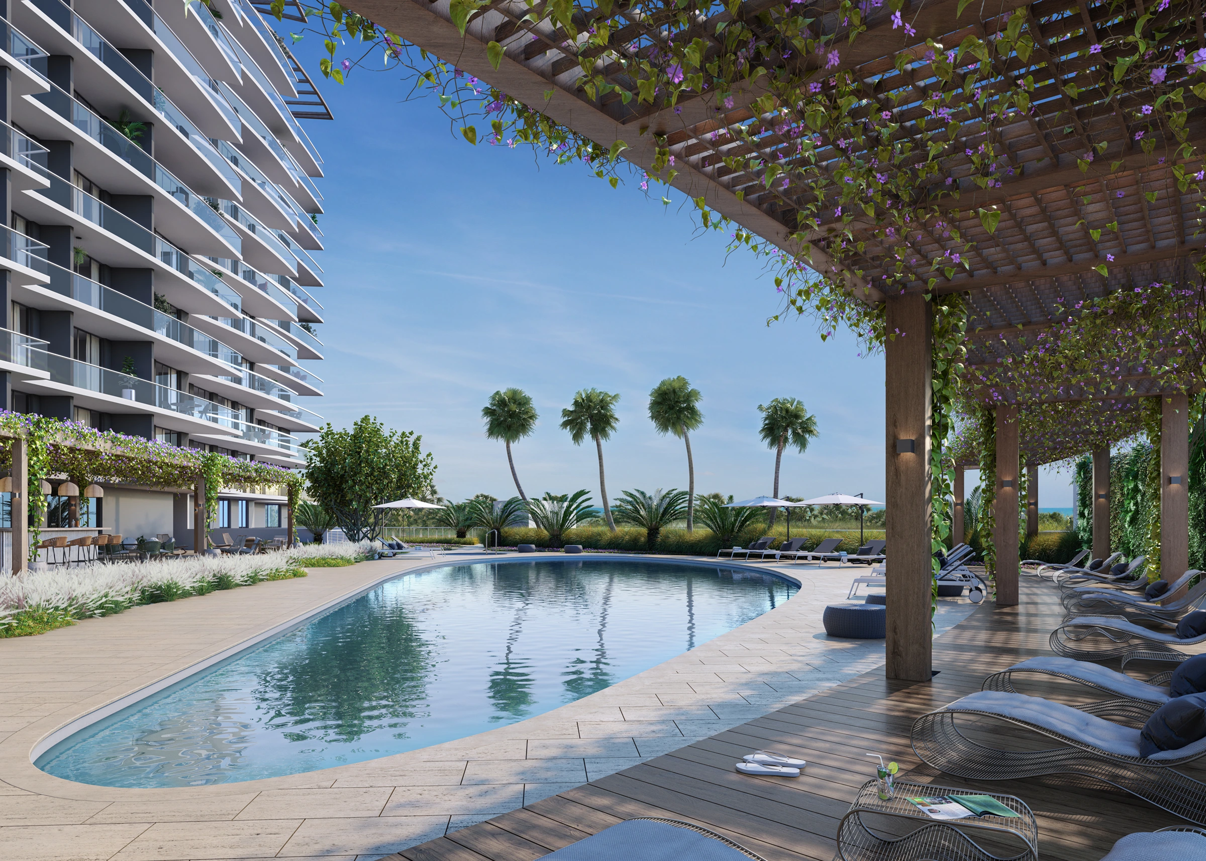 Nexo Residences resort-style pool deck rendering with lounge chairs and landscaping