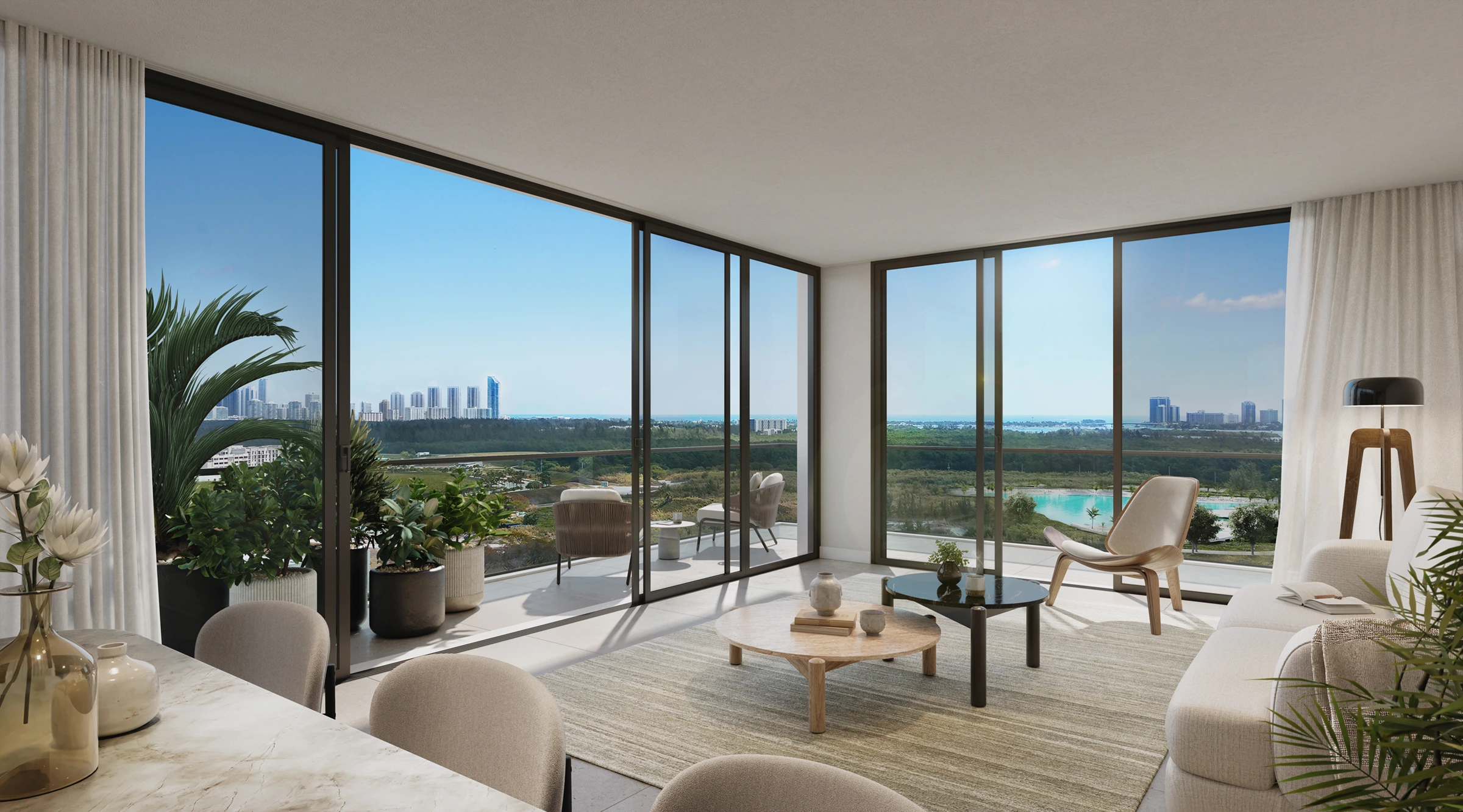 Nexo Residences furnished residence living area rendering with floor-to-ceiling windows and balcony access