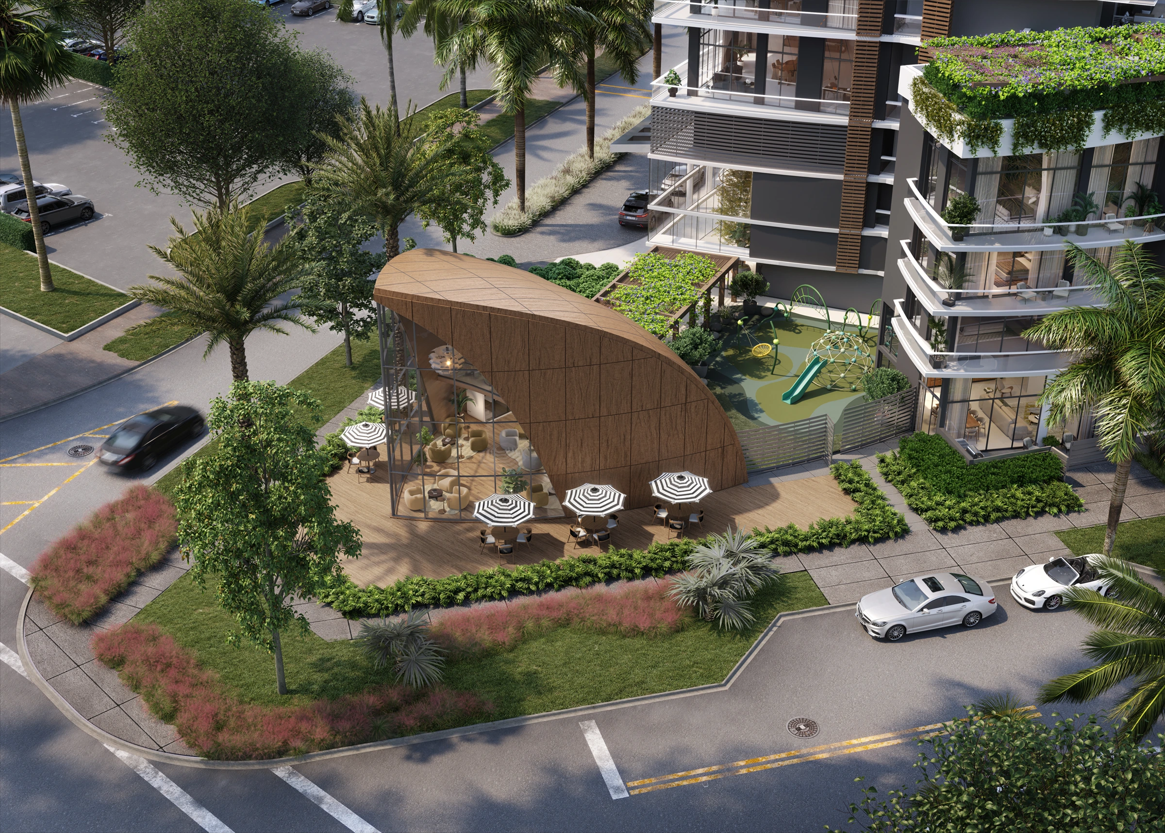 Nexo Residences two-story Tech Center rendering with coworking desks and lounge seating