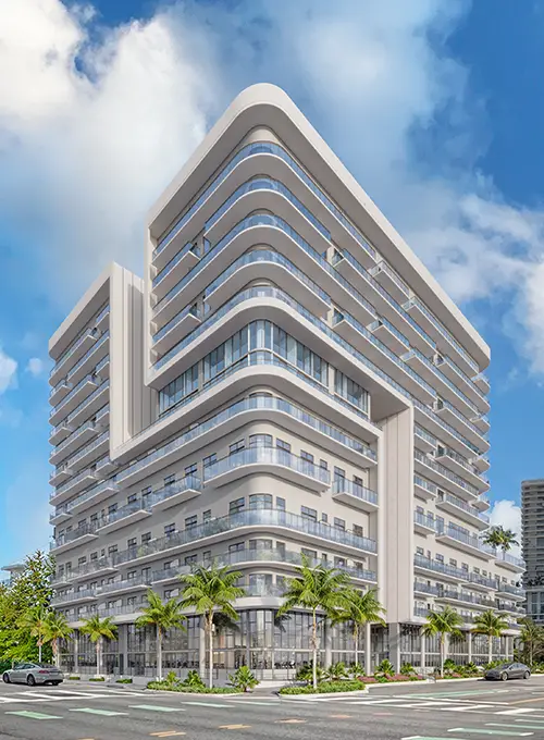 Render del edificio NoBe Parc Miami Beach a nivel de calle, fachada curva de Arquitectonica en 7140 Abbott Avenue