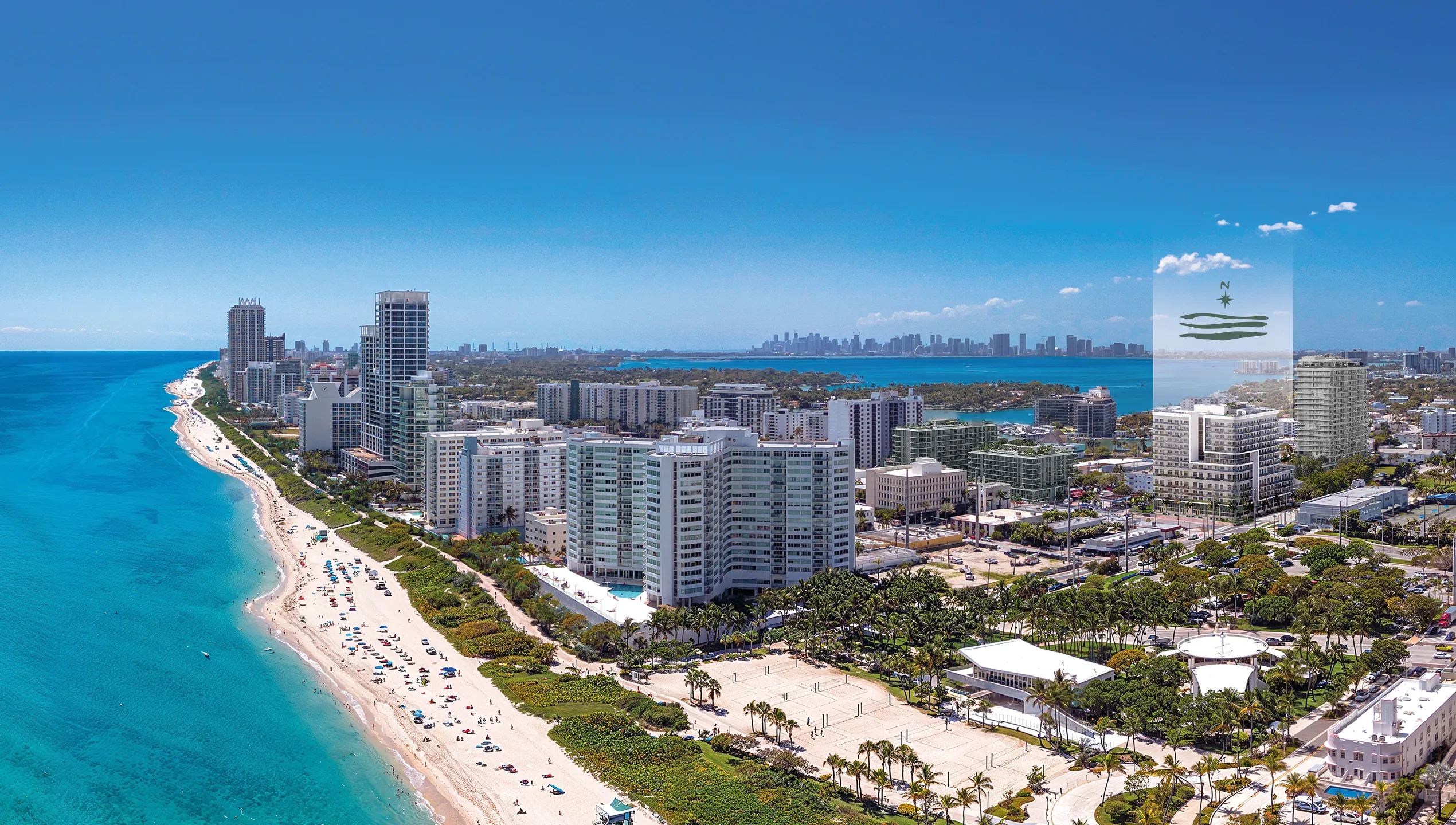 Vista aérea de la costa de North Beach mostrando la ubicación de NoBe Parc Miami Beach