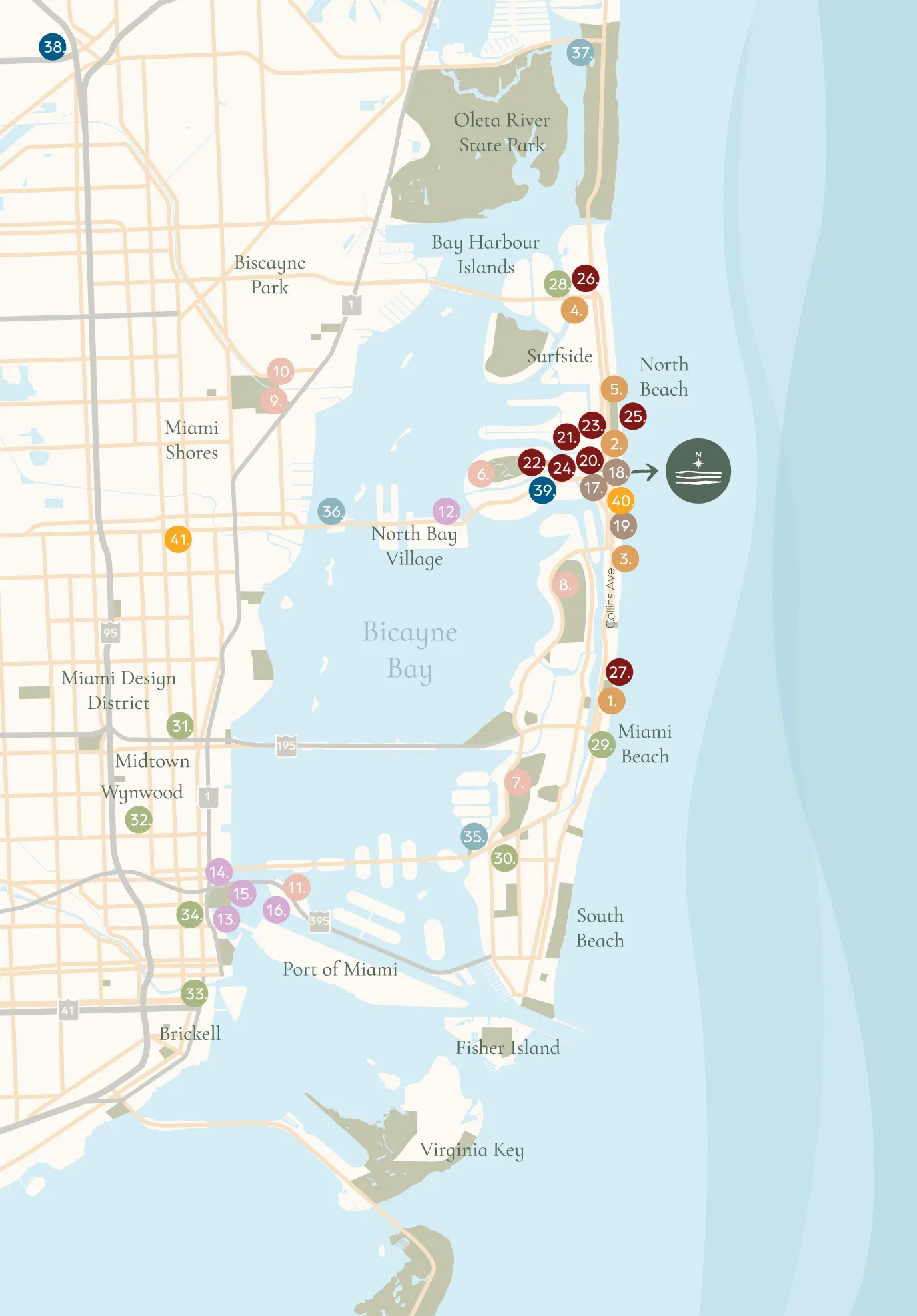 Mapa del vecindario de NoBe Parc Miami Beach mostrando parques, restaurantes, golf y playas de North Beach