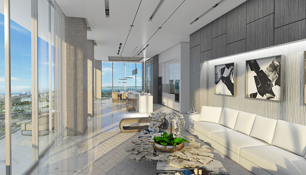 Oasis Hallandale Beach penthouse living room with panoramic views