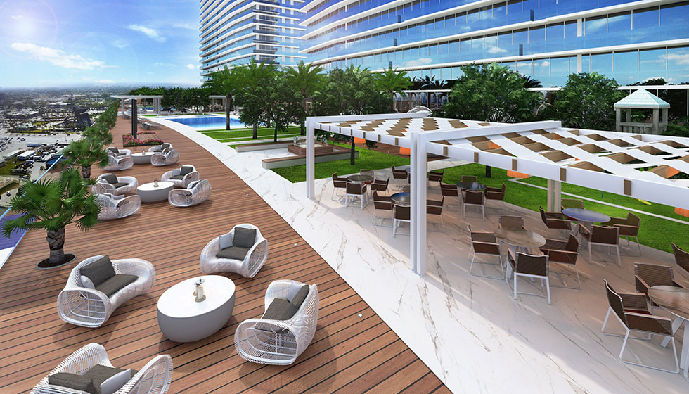 Oasis Hallandale Beach resort-style pool deck with ocean views