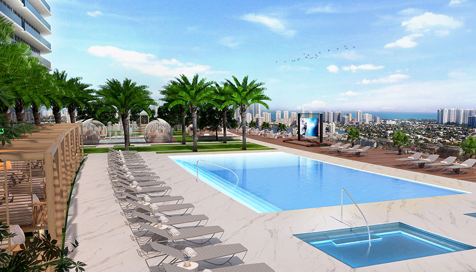 Oasis Hallandale Beach pool deck lounge area and cabanas