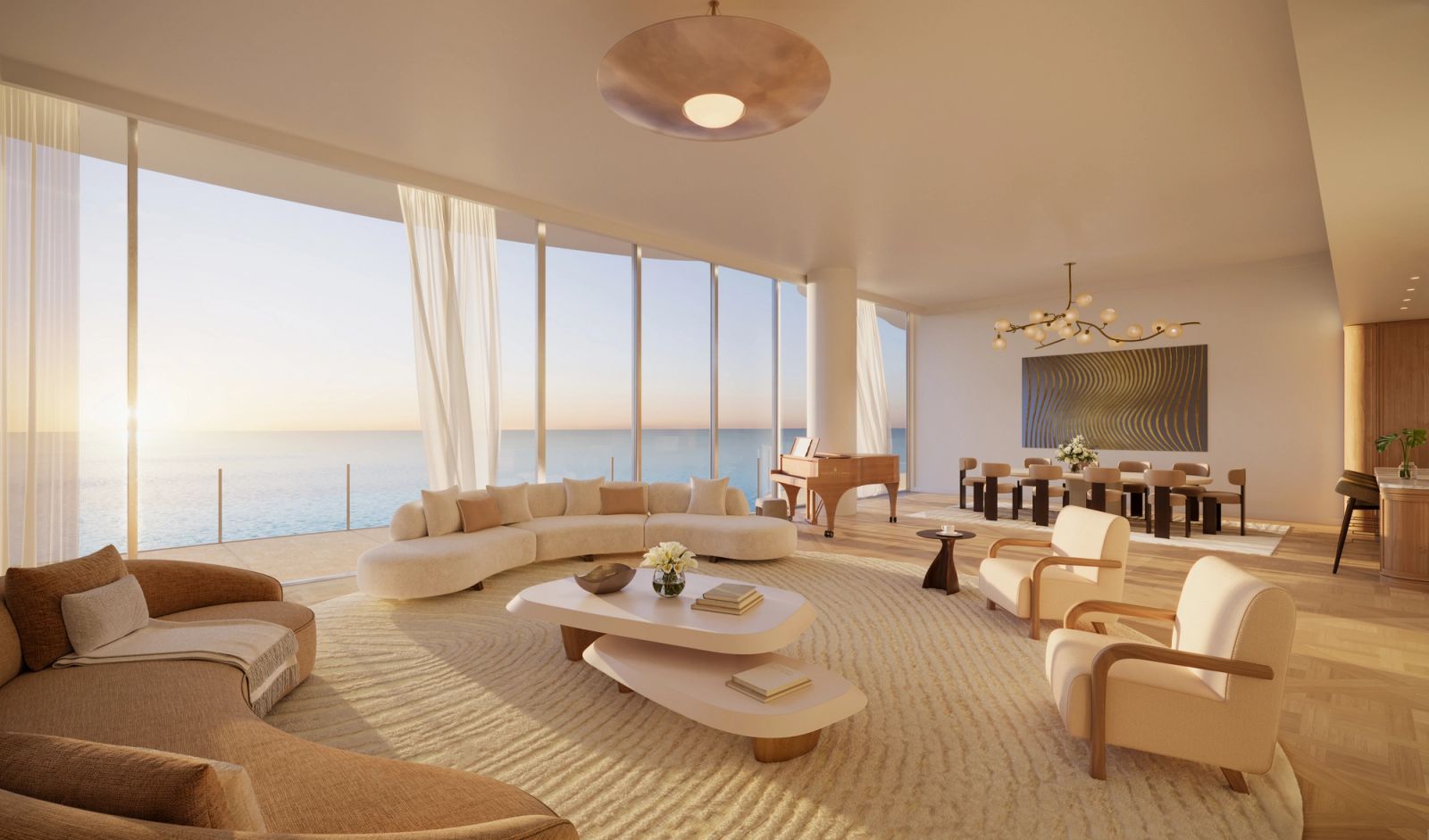 Render del salon de una residencia boutique de Ocean Terrace por RAMSA con ventanales de piso a techo y vista al mar