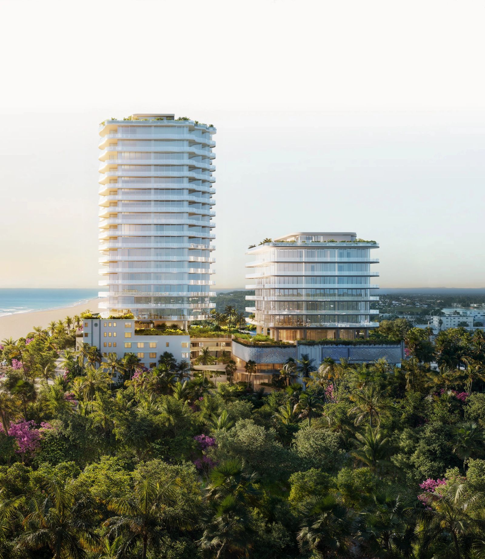 Render oficial de Ocean Terrace Residences Miami Beach, dos torres de cristal sobre un parque tropical con acceso directo a la playa en 740 Ocean Terrace